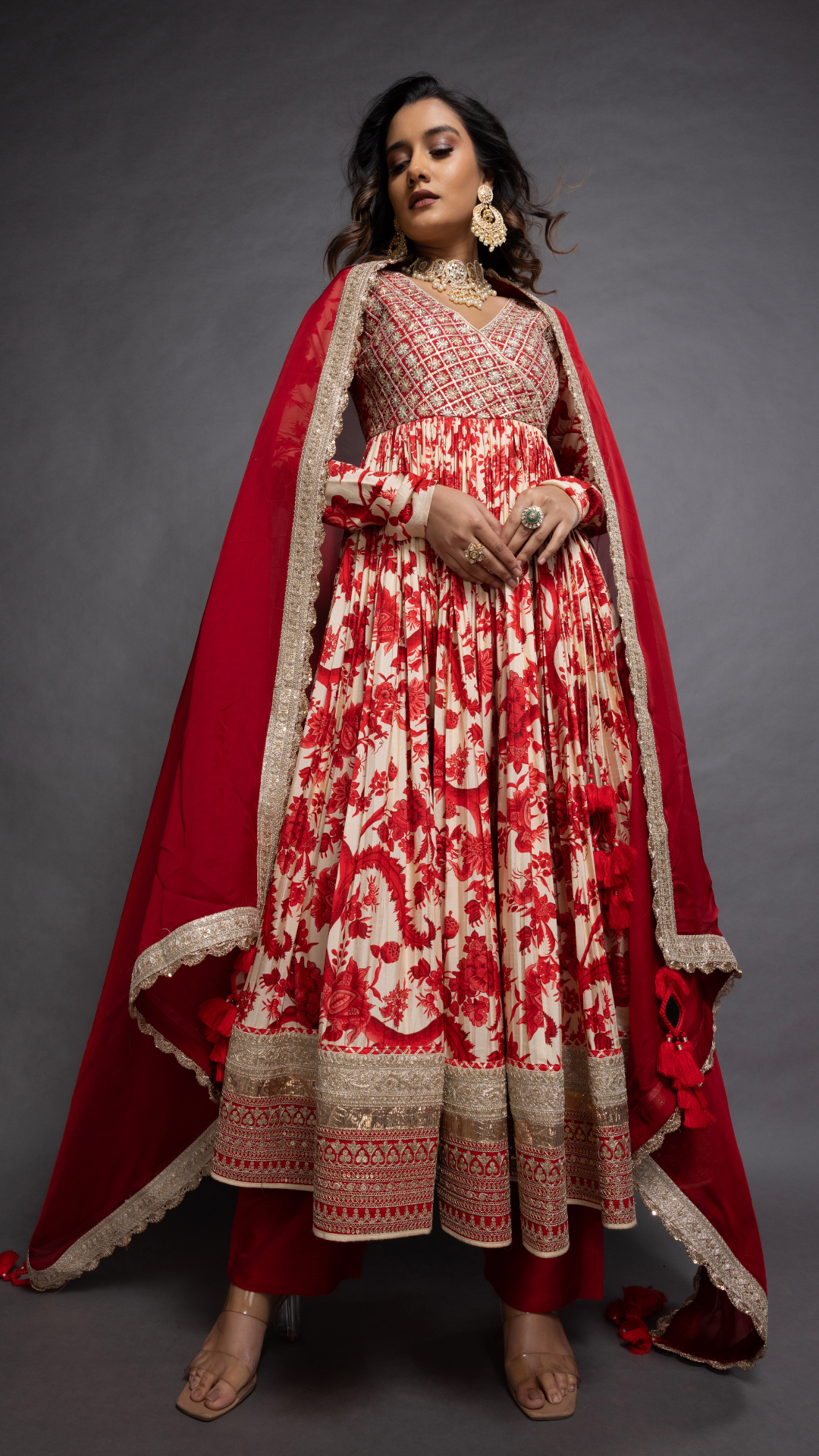 Red Embroidered Mock Tie Up Yoke & Floral Printed Angrakha with Solid Red Pant and Dupatta