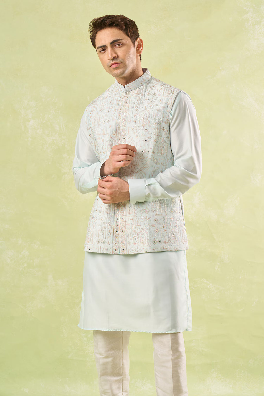 Mint Green Embroidered Kurta-Bundi Set