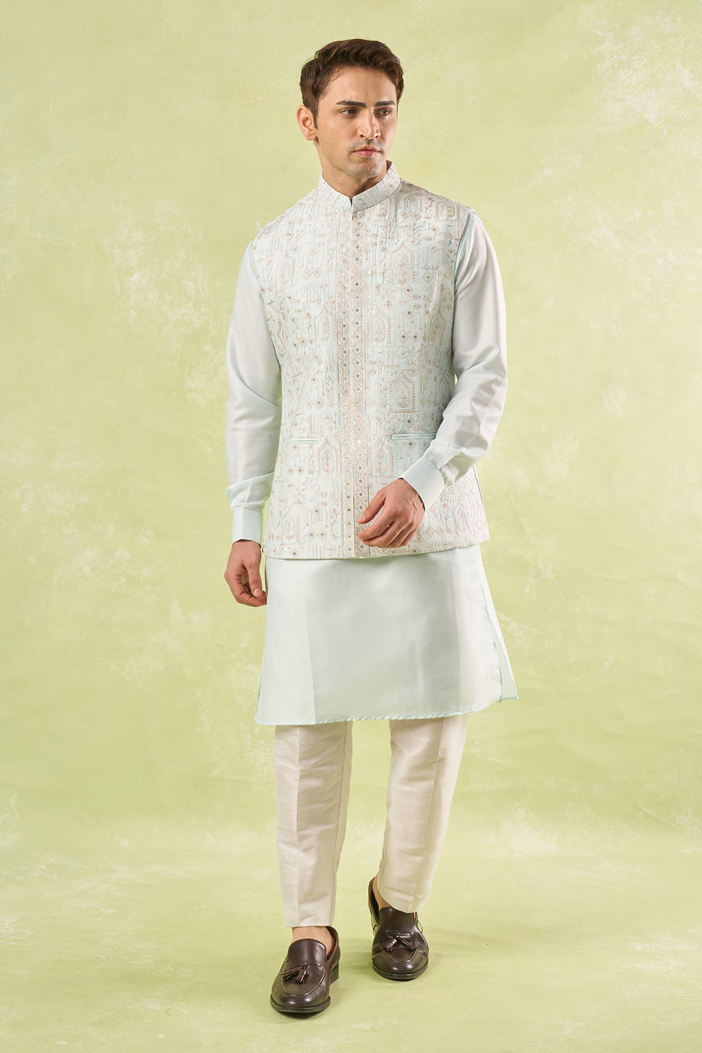 Mint Green Embroidered Kurta-Bundi Set