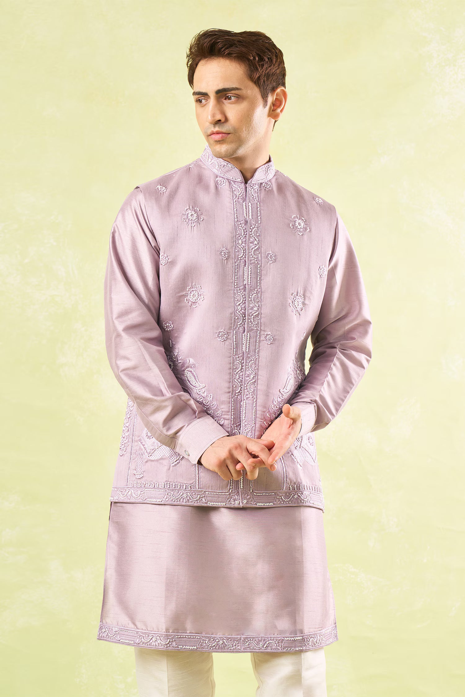 Lavender Embroidered Kurta-Bundi Set