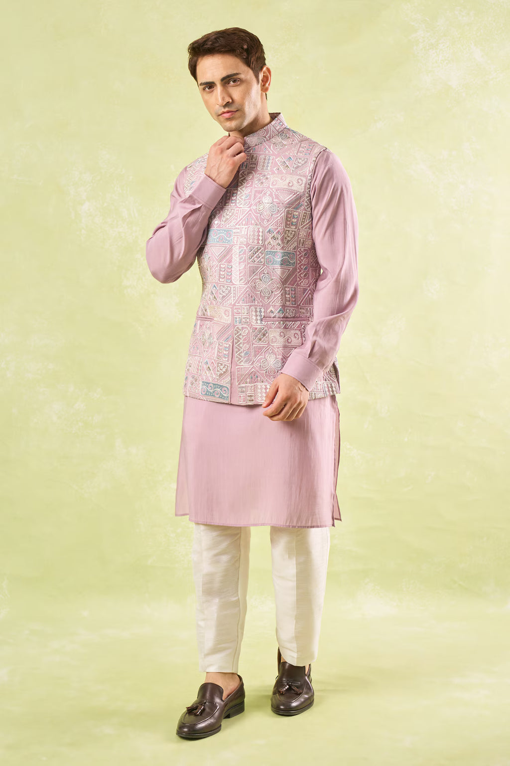 Mauve Embroidered Kurta-Bundi Set