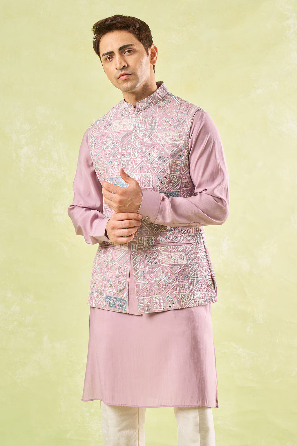 Mauve Embroidered Kurta-Bundi Set