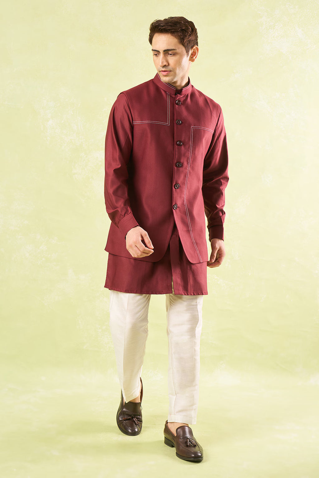 Maroon Running Stitch Kurta-Bundi Set
