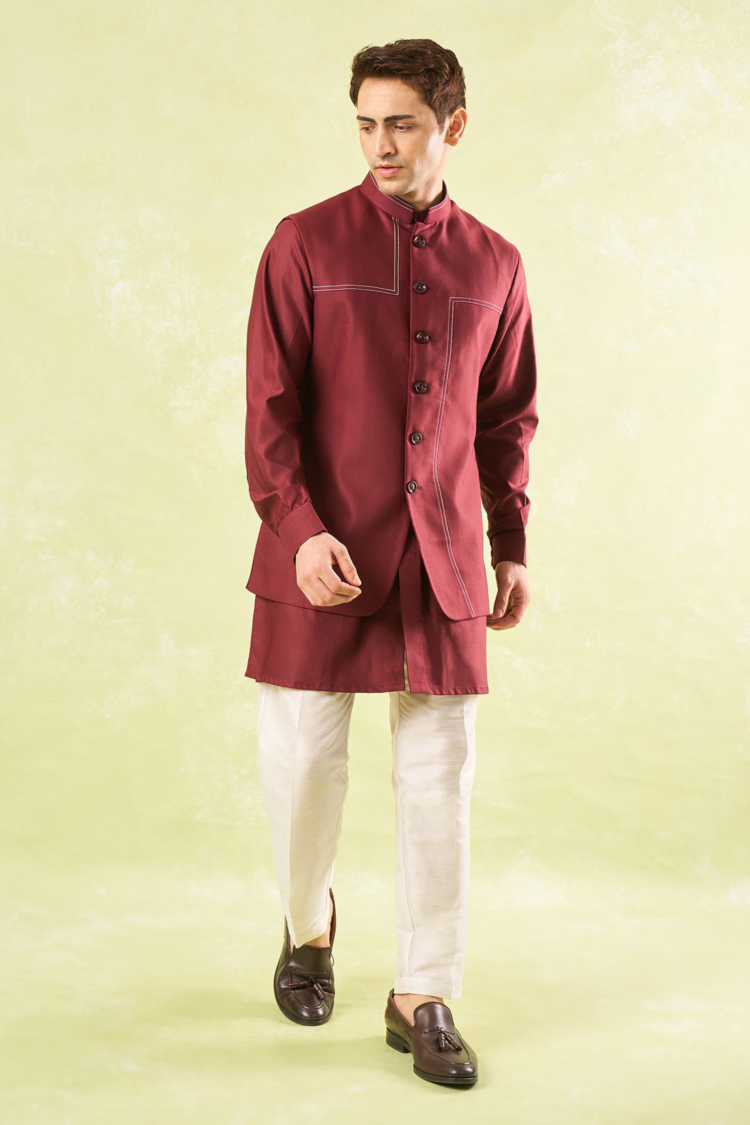 Maroon Running Stitch Kurta-Bundi Set
