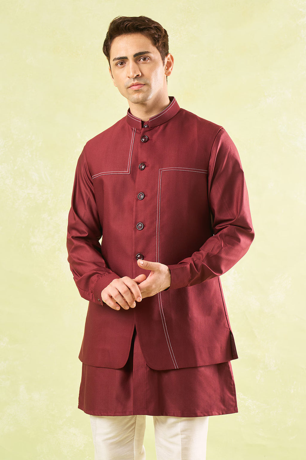 Maroon Running Stitch Kurta-Bundi Set