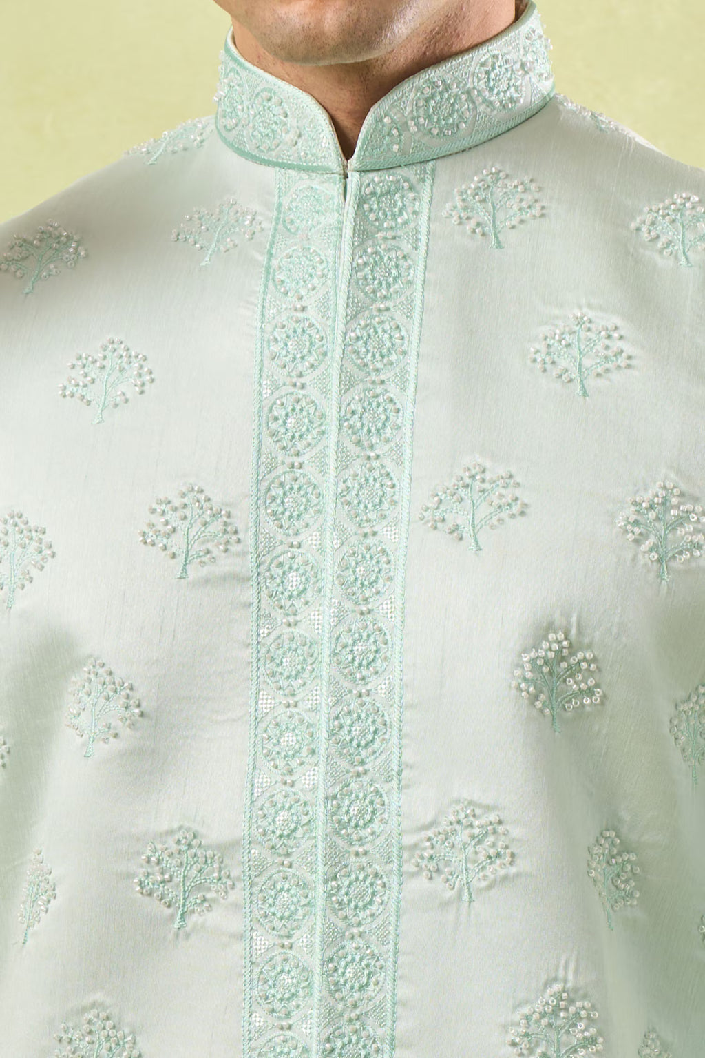 Mint Green Embroidered Kurta-Bundi Set