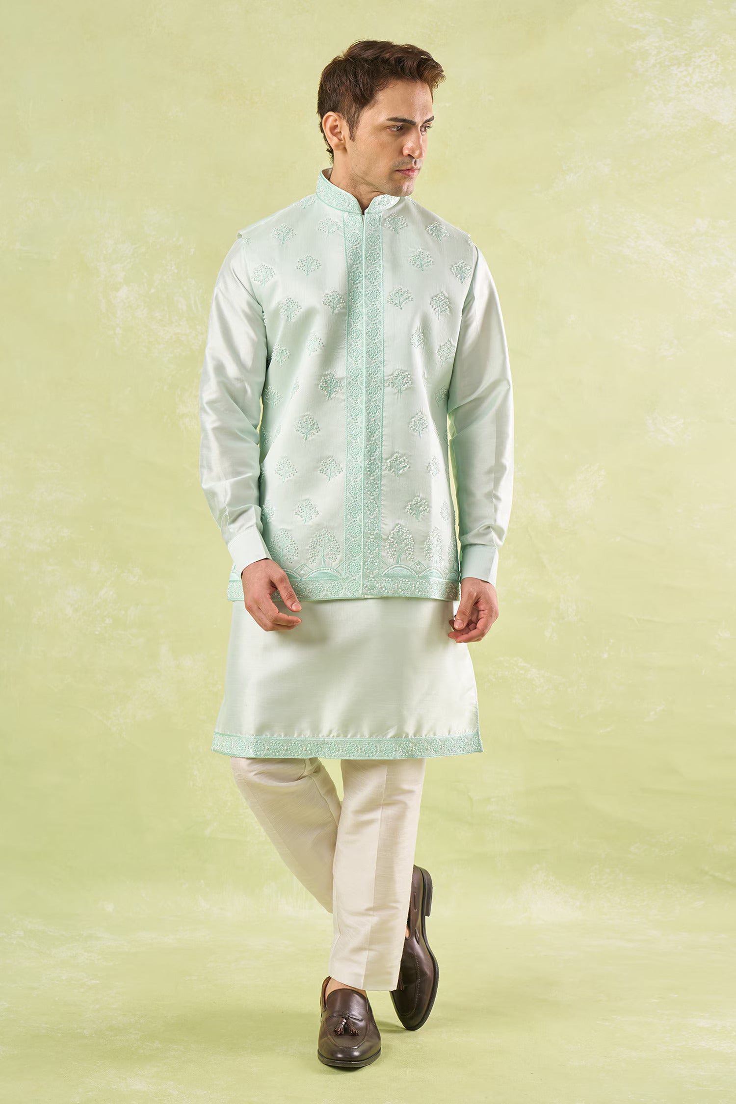 Mint Green Embroidered Kurta-Bundi Set