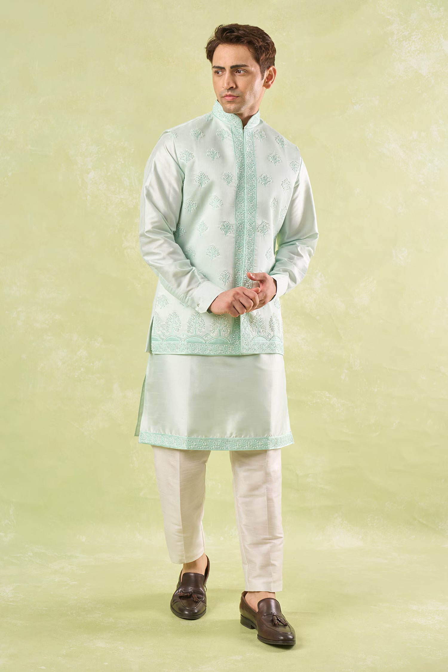 Mint Green Embroidered Kurta-Bundi Set