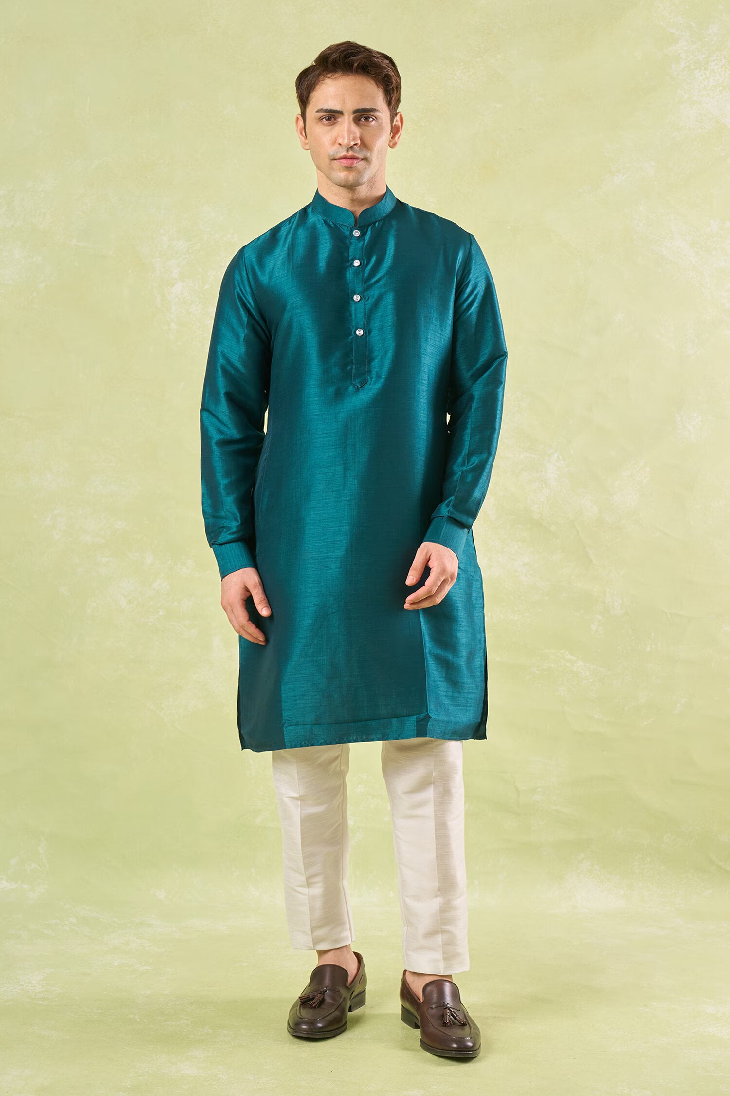 Bottle Green Embroidered Kurta-Bundi Set