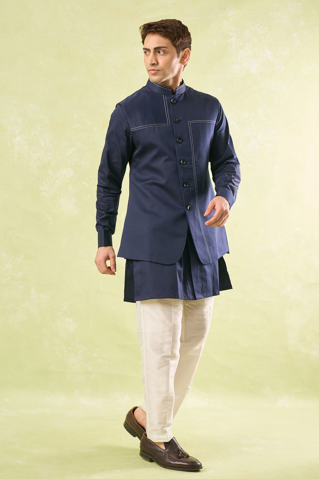 Navy Blue Running Stitch Kurta-Bundi Set