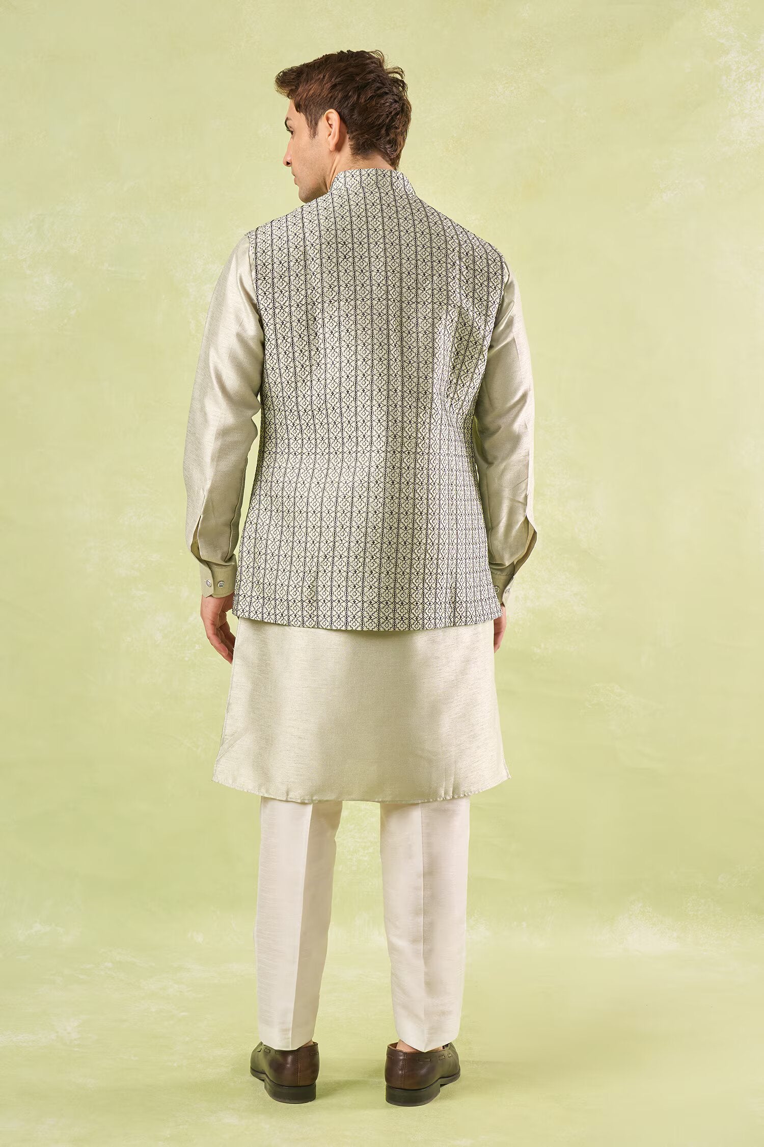 Beige Embroidered Kurta-Bundi Set