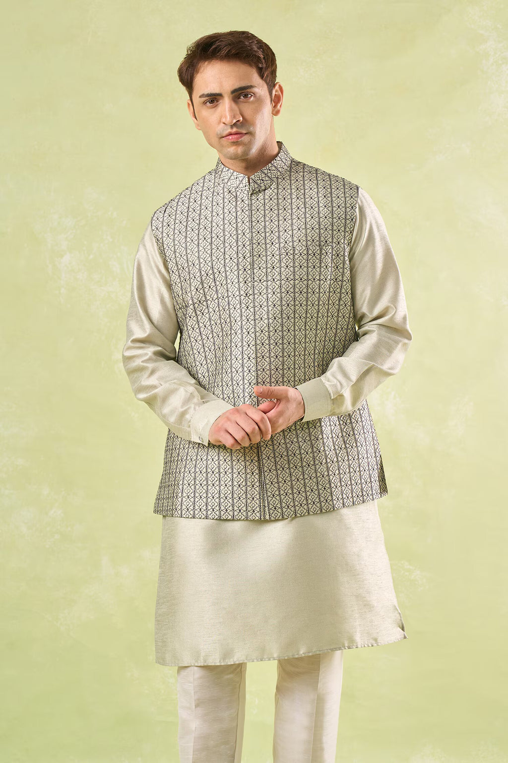Beige Embroidered Kurta-Bundi Set