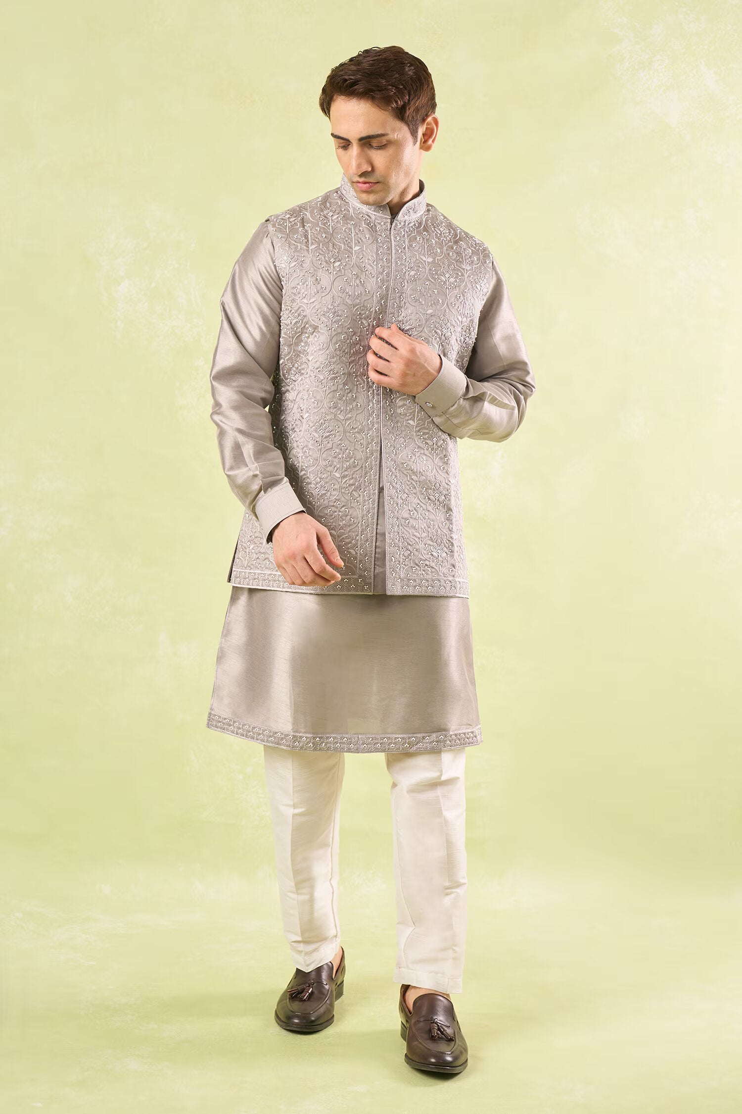 Grey Embroidered Kurta-Bundi Set