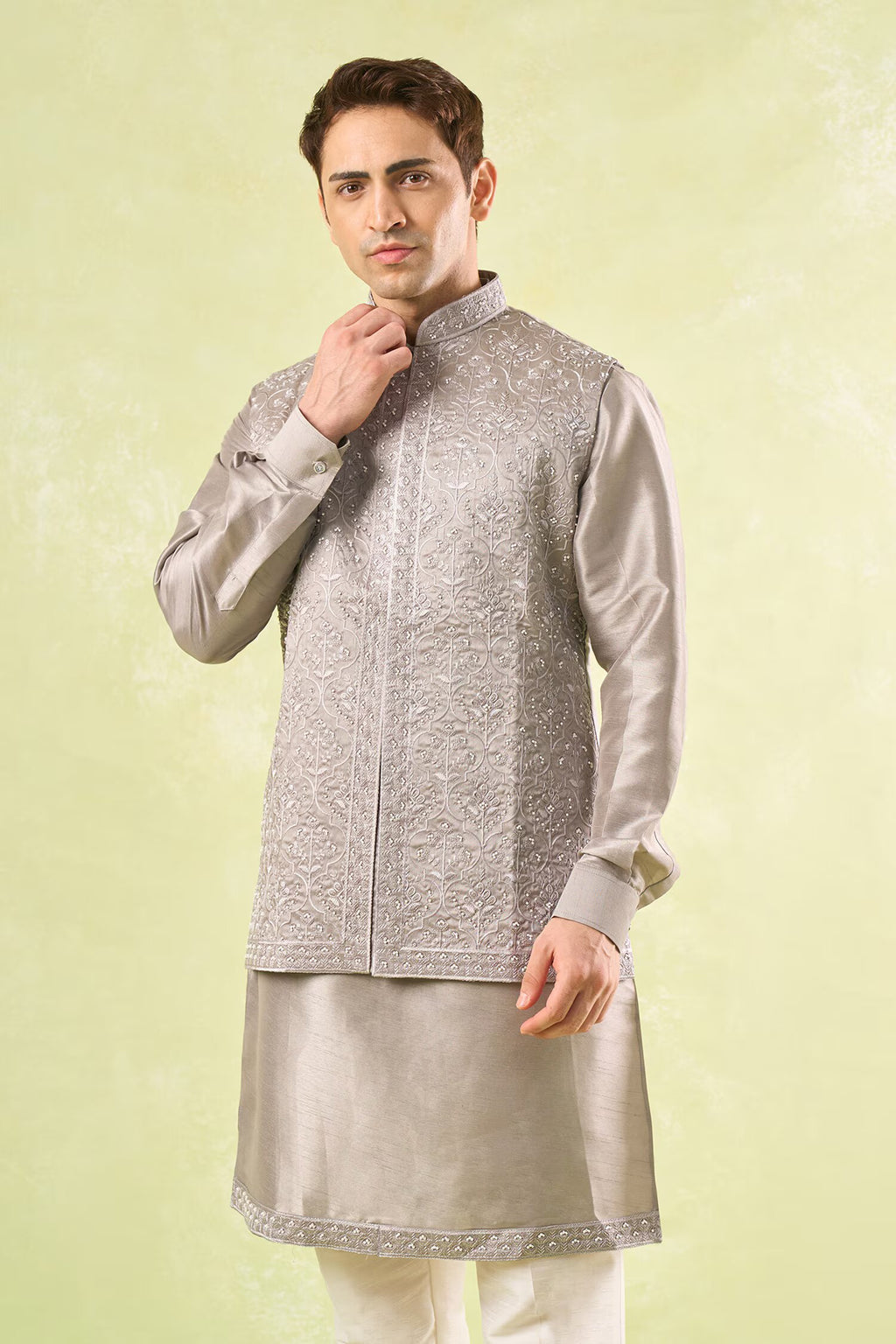 Grey Embroidered Kurta-Bundi Set