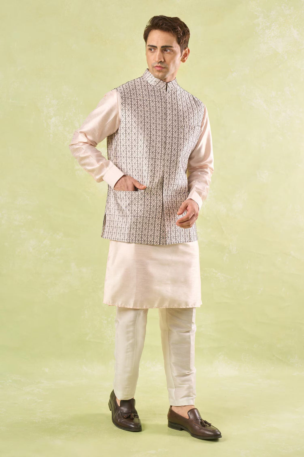 Peach Embroidered Kurta-Bundi Set