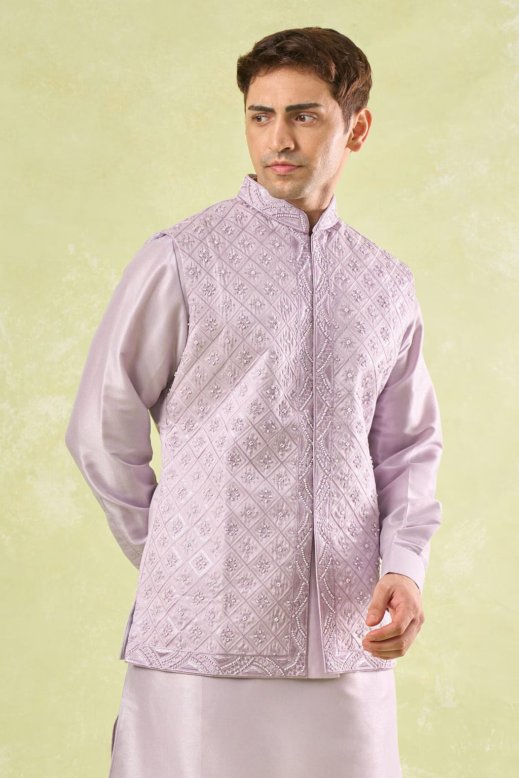 Lavender Embroidered Kurta-Bundi Set