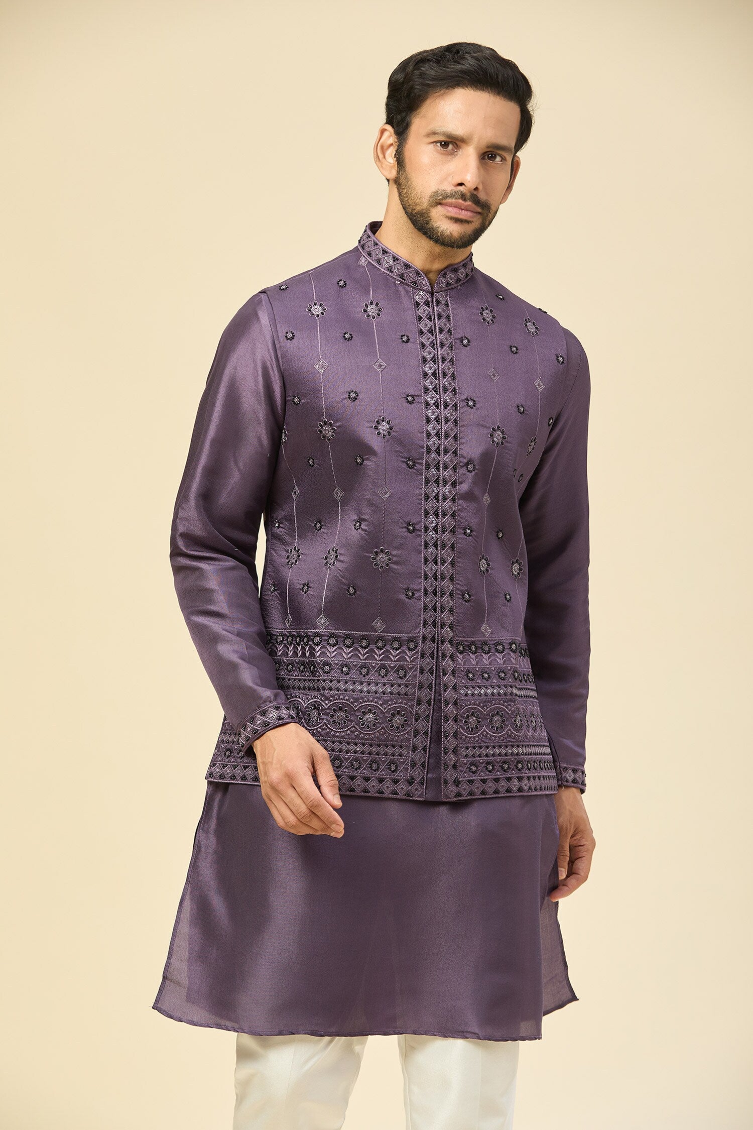 Purple Embroidered Kurta-Jacket Set