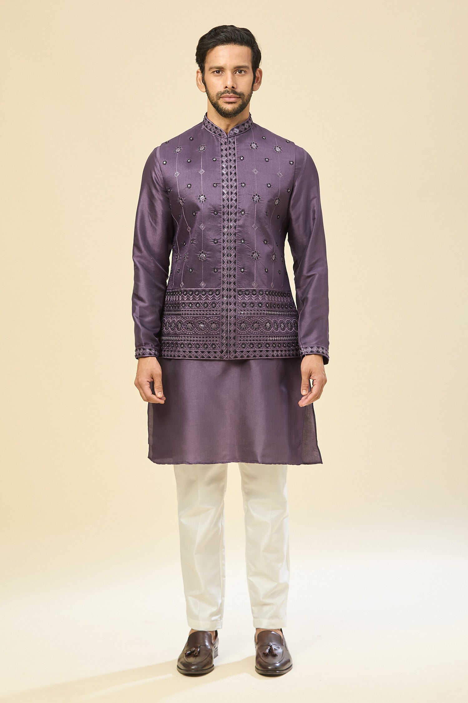 Purple Embroidered Kurta-Jacket Set