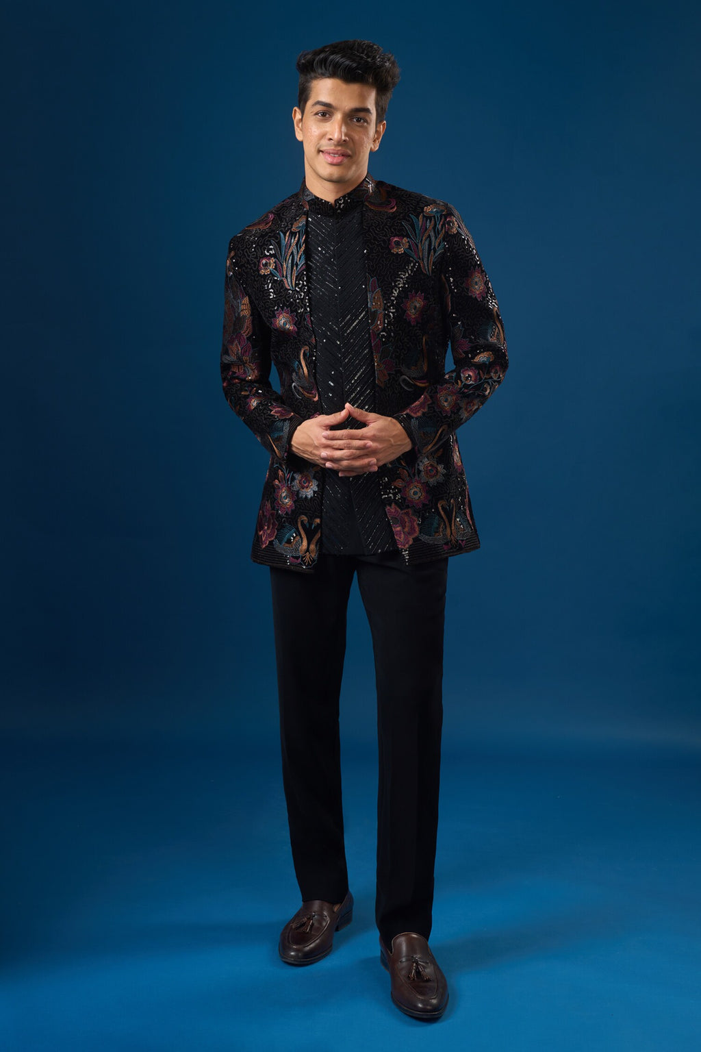 Coal Velour Bandhgala Set