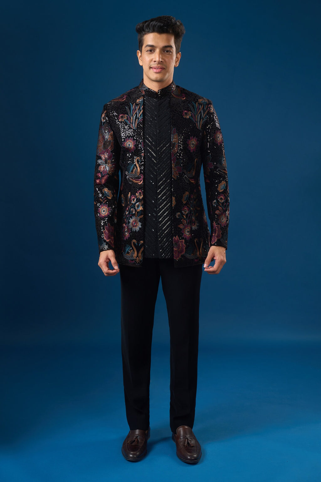 Coal Velour Bandhgala Set