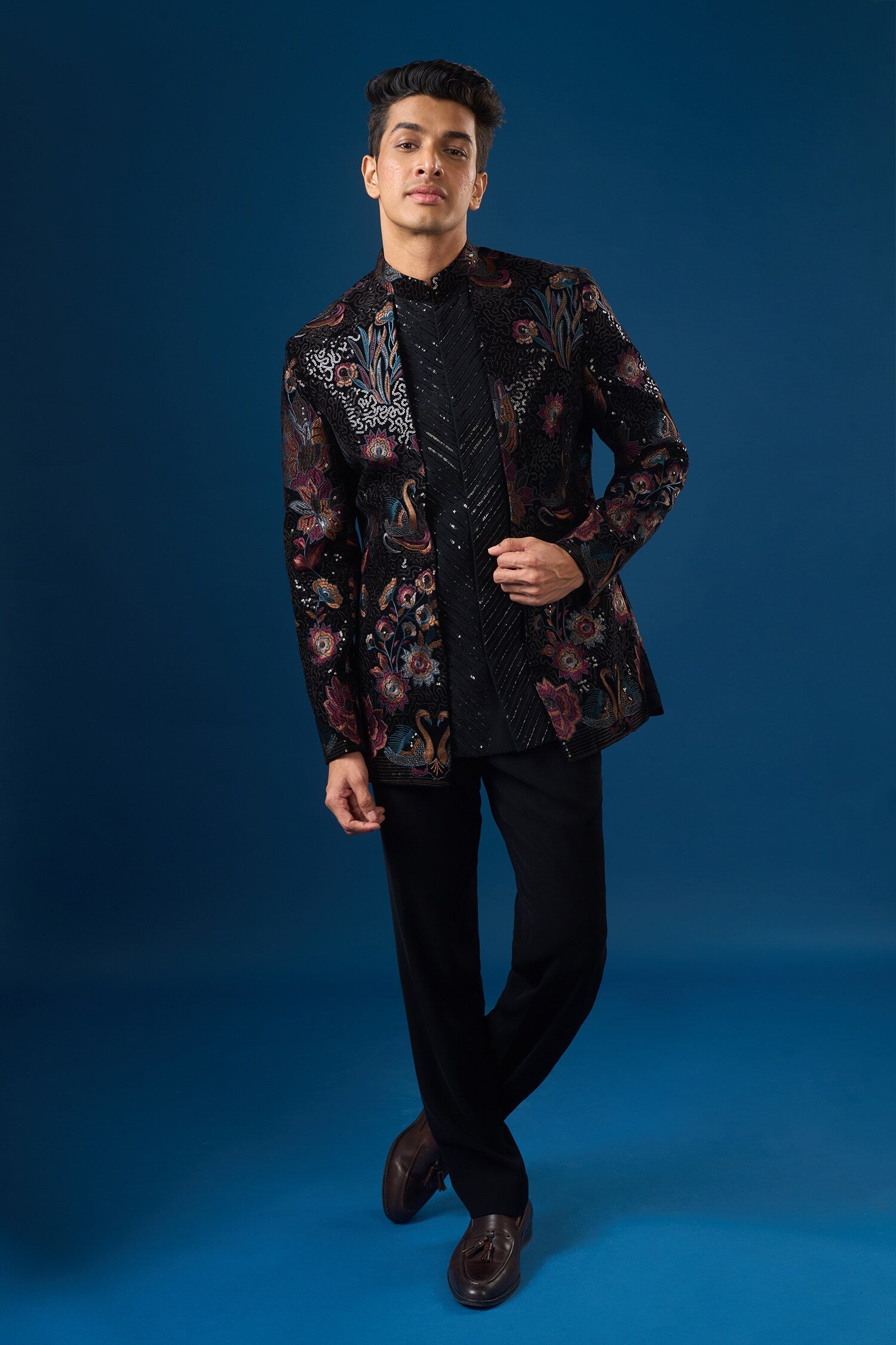 Coal Velour Bandhgala Set