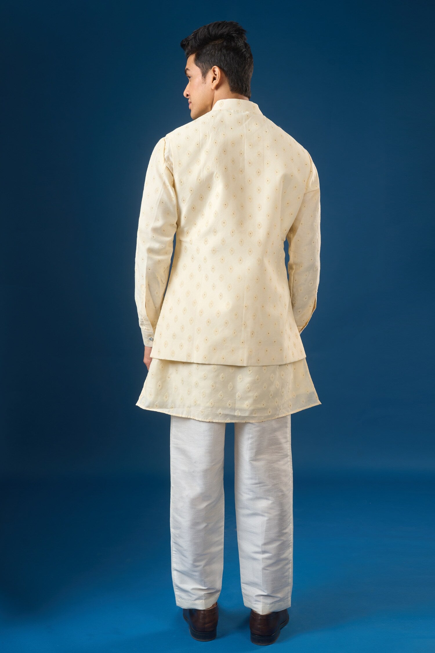 Cream Brocade Kurta-Bundi Set