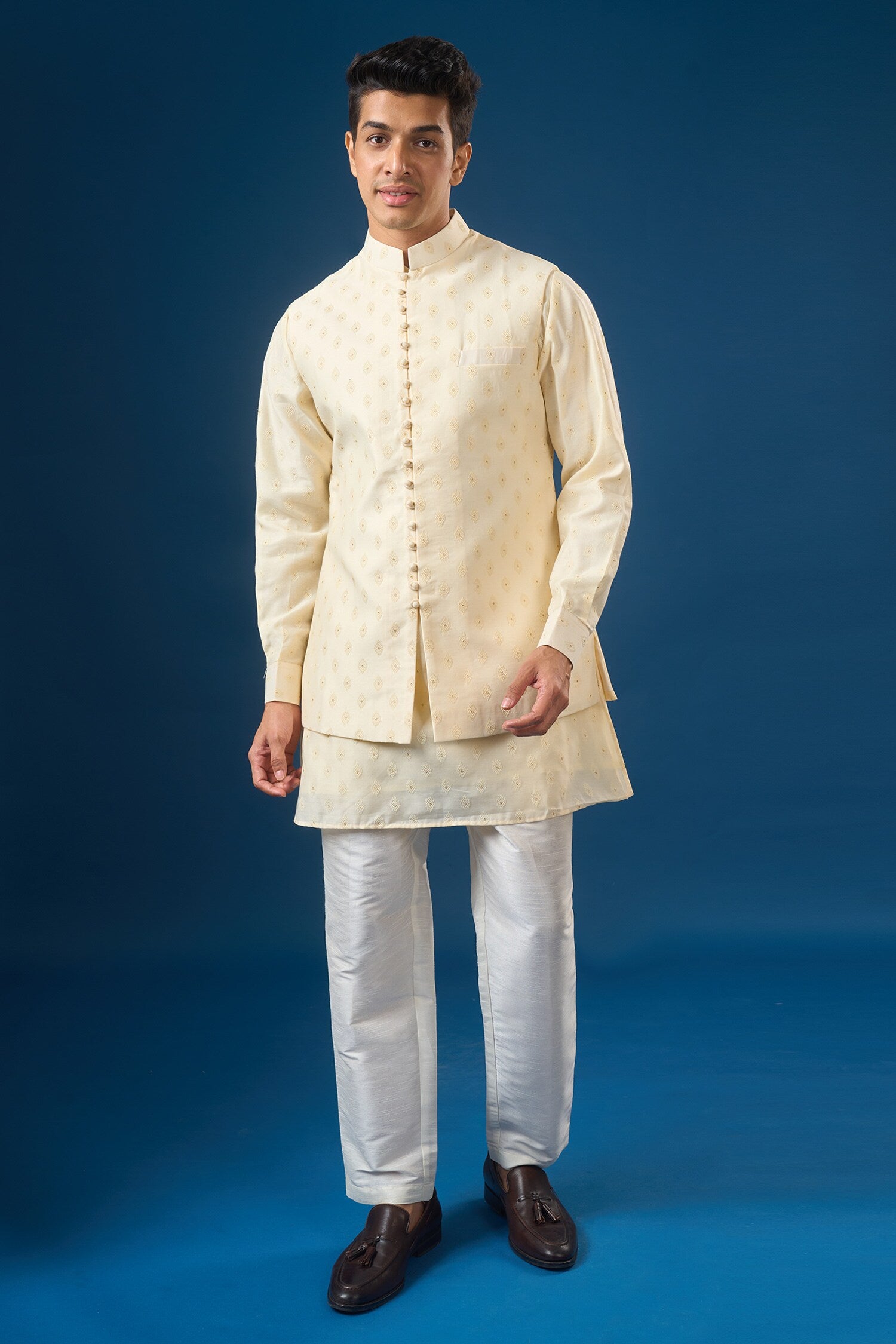 Cream Brocade Kurta-Bundi Set