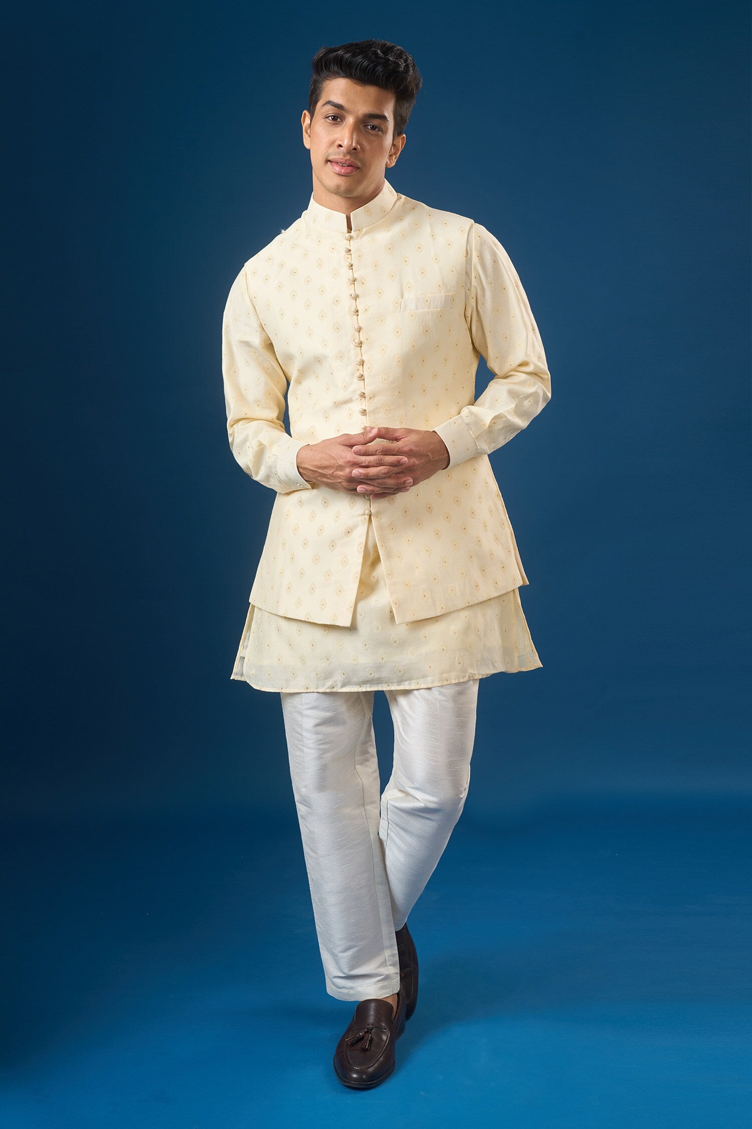 Cream Brocade Kurta-Bundi Set