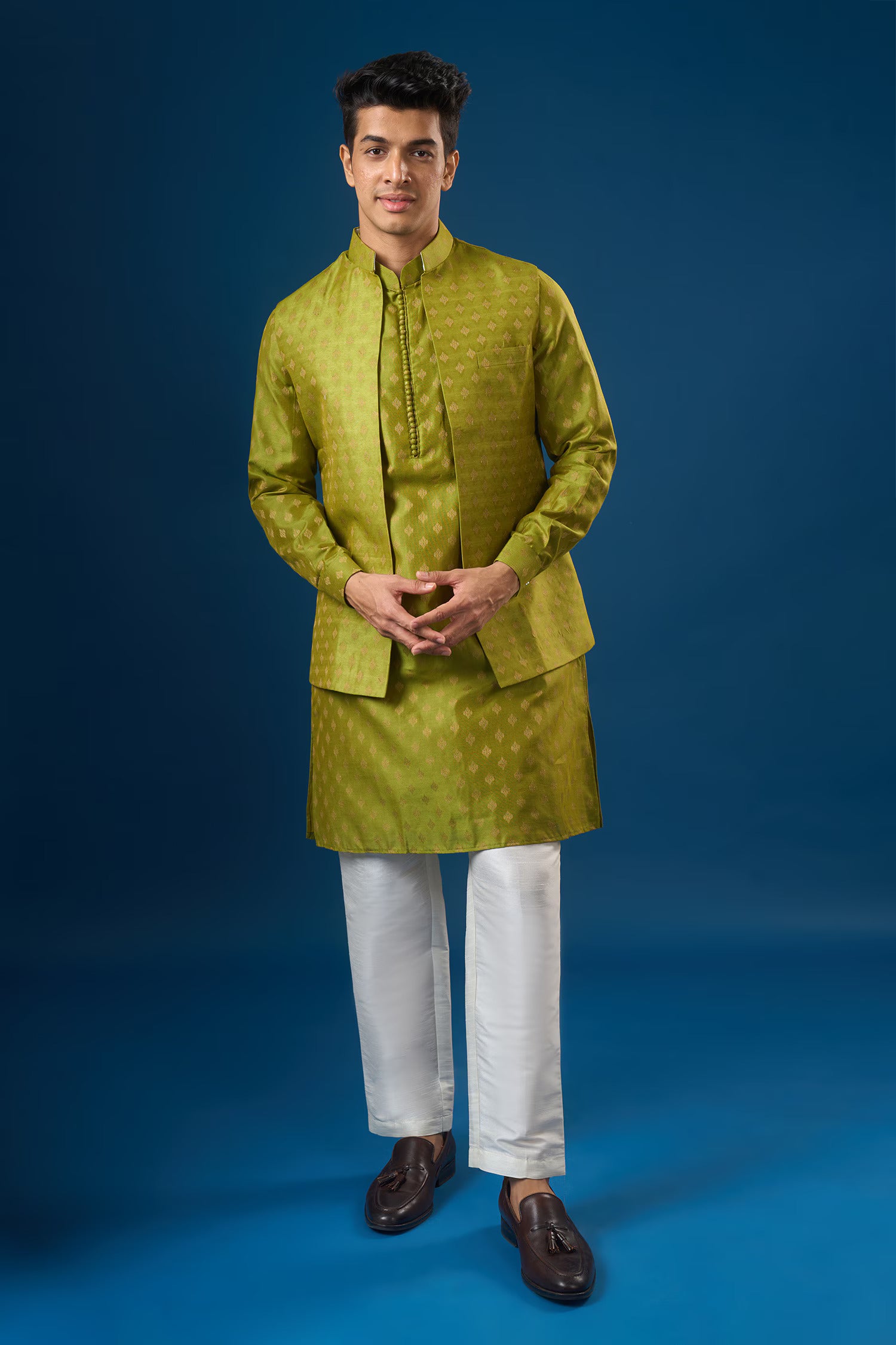 Olive Green Brocade Kurta-Bundi Set