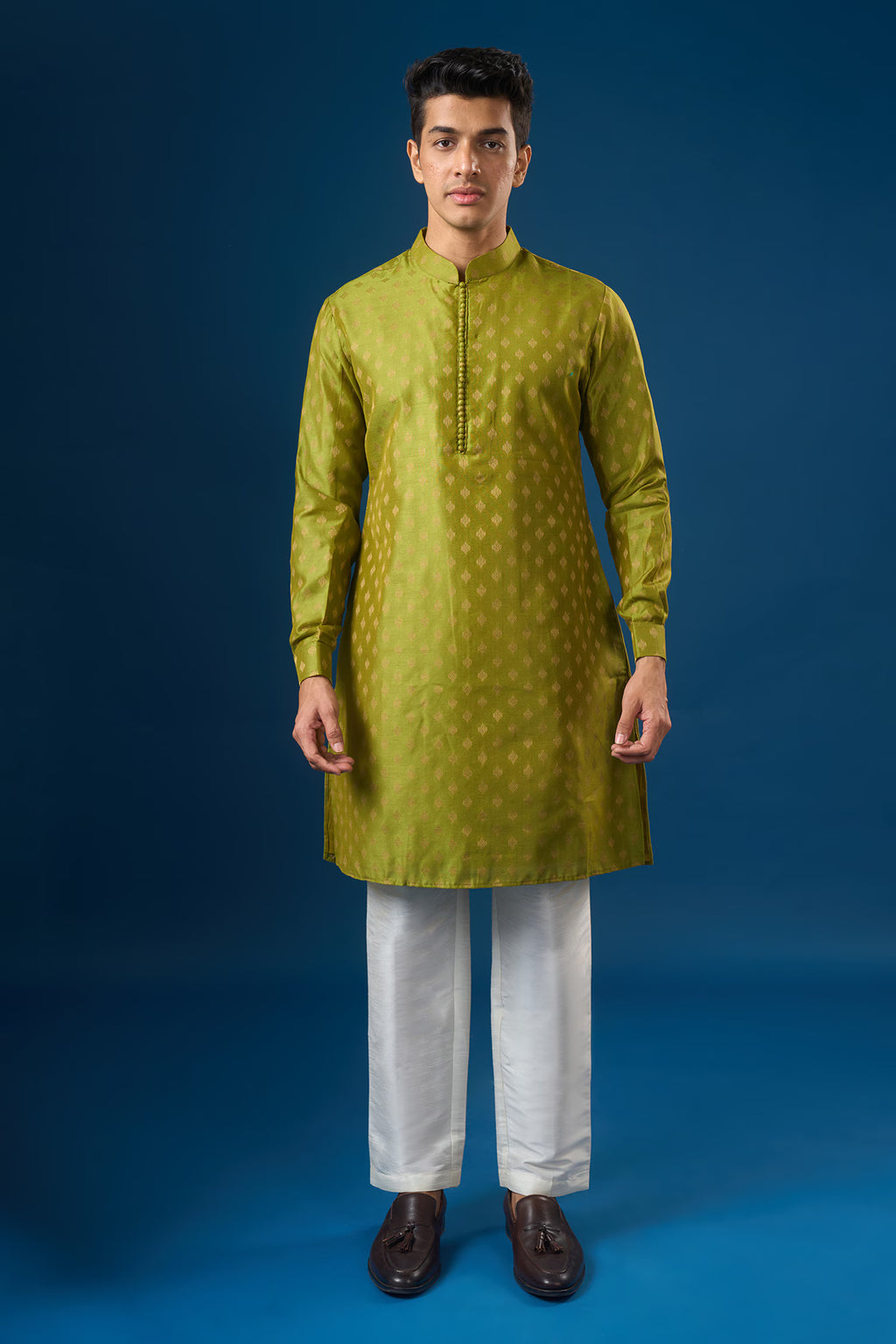 Olive Green Brocade Kurta-Bundi Set