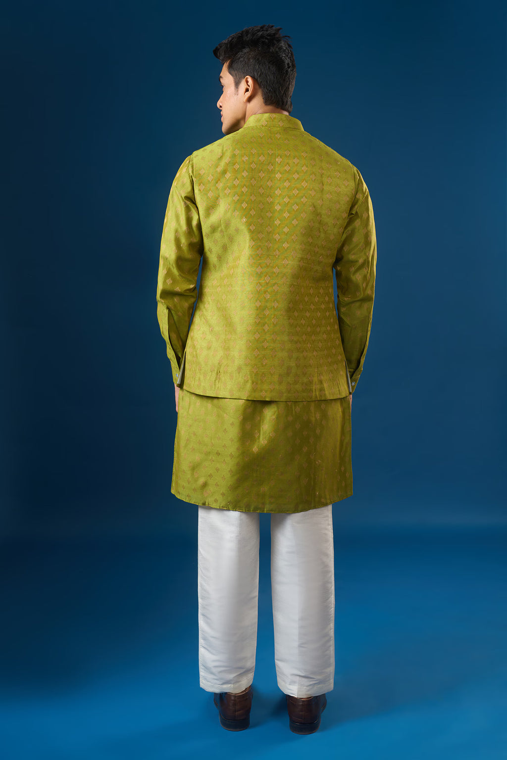 Olive Green Brocade Kurta-Bundi Set