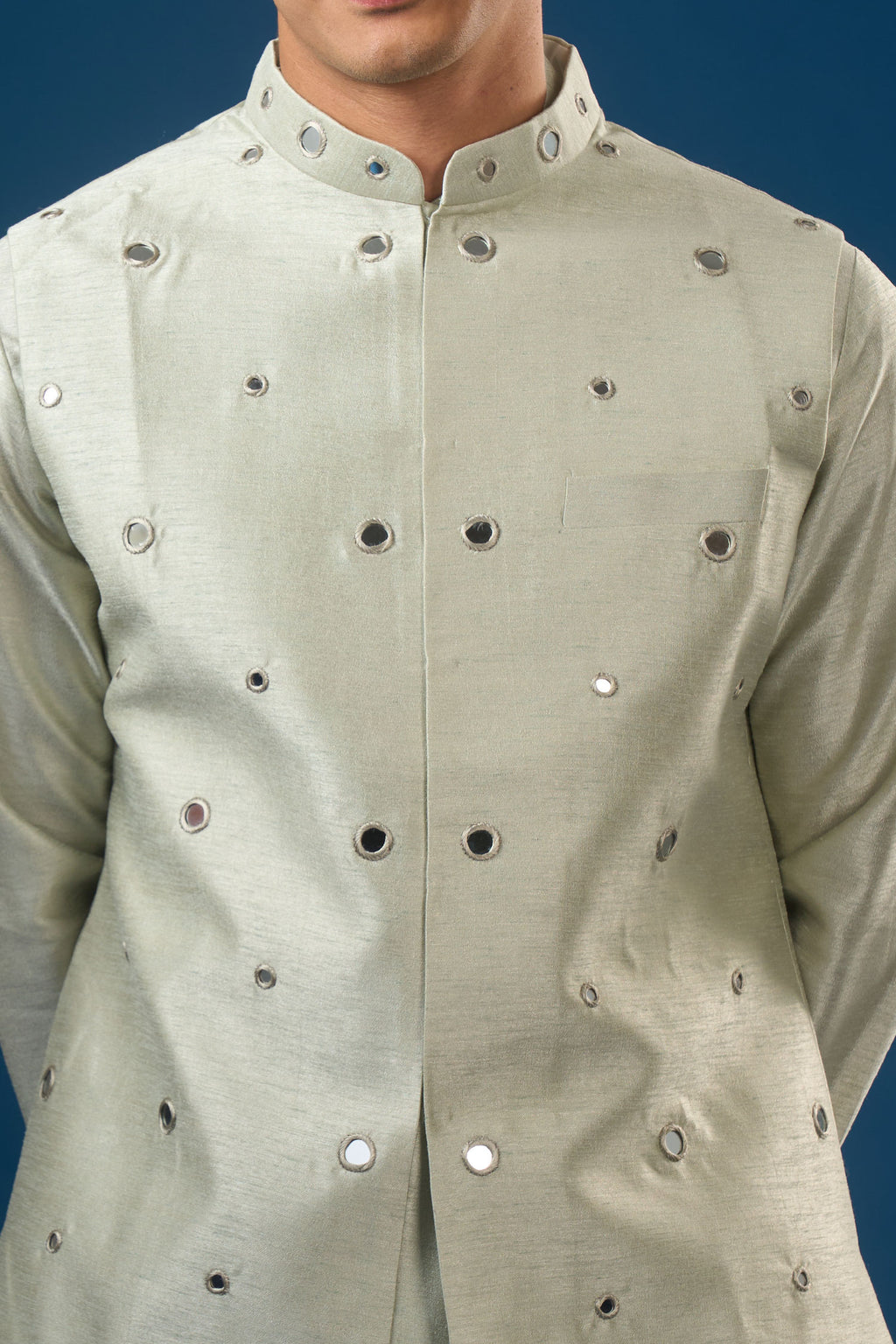 Sage Green Mirror Embroidered Kurta-Bundi Set