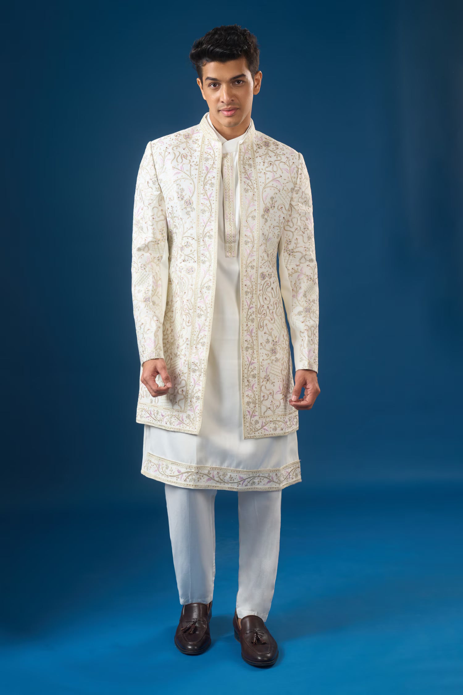 Off White Embroidered Indo-Western Set