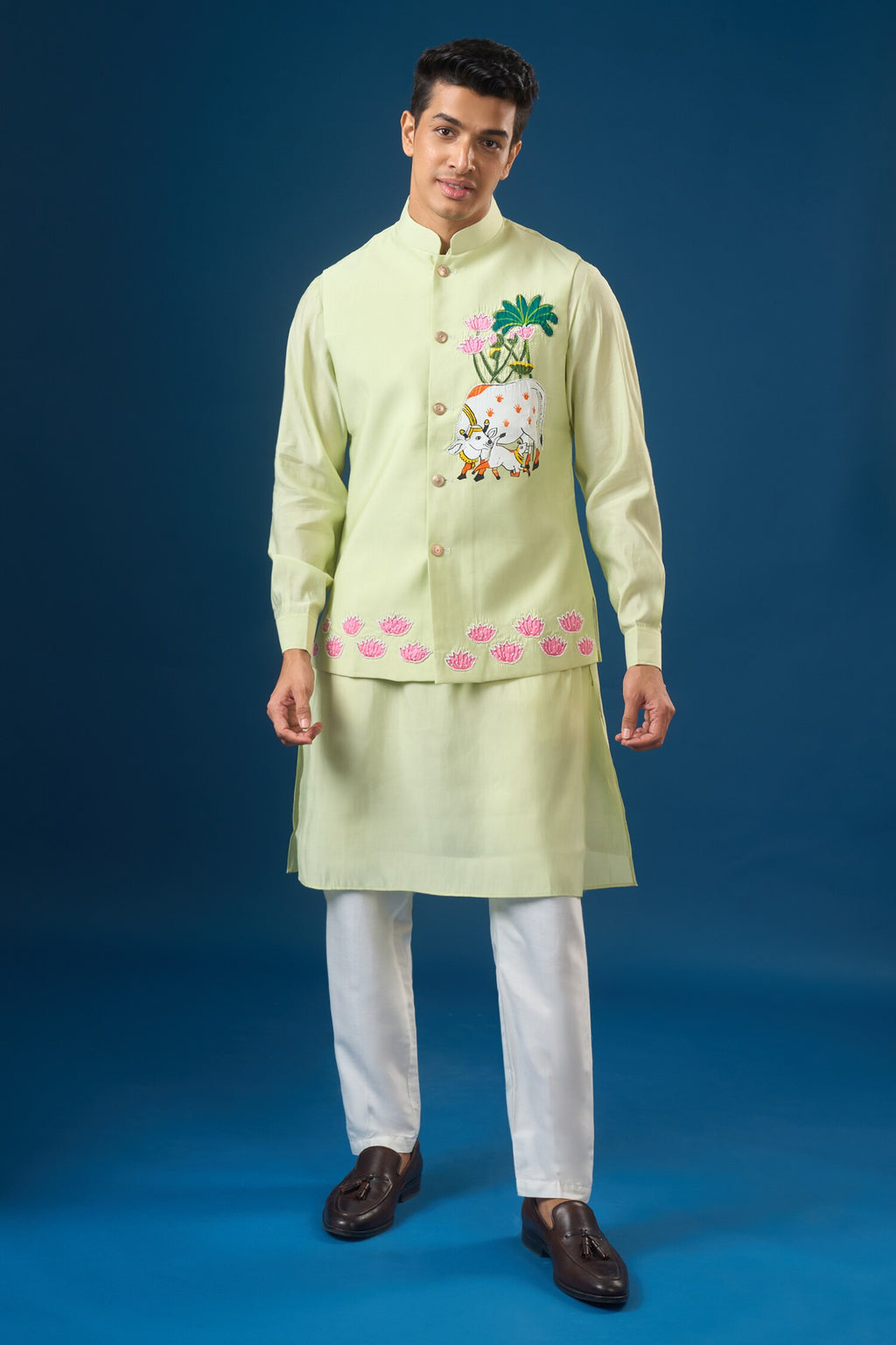 Pista Green Embroidered Kurta-Bundi Set