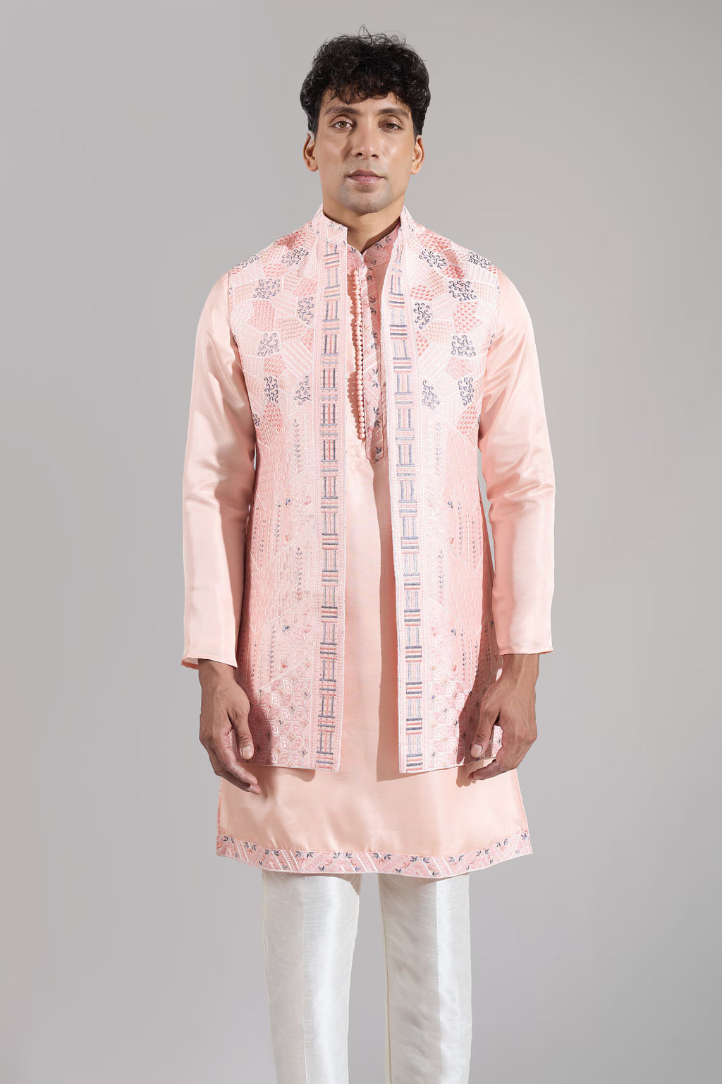 Peach Embroidered Kurta-Jacket Set