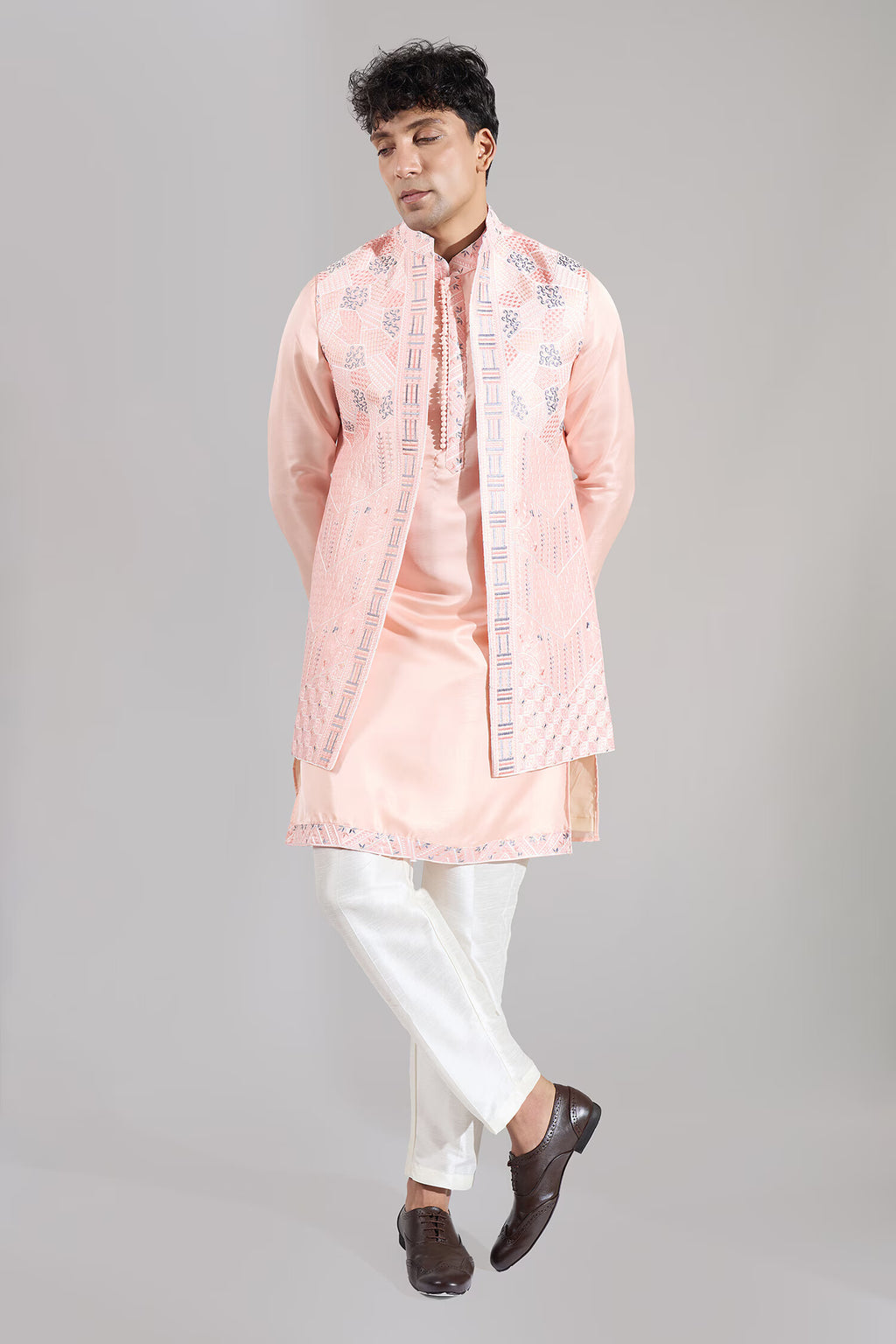 Peach Embroidered Kurta-Jacket Set