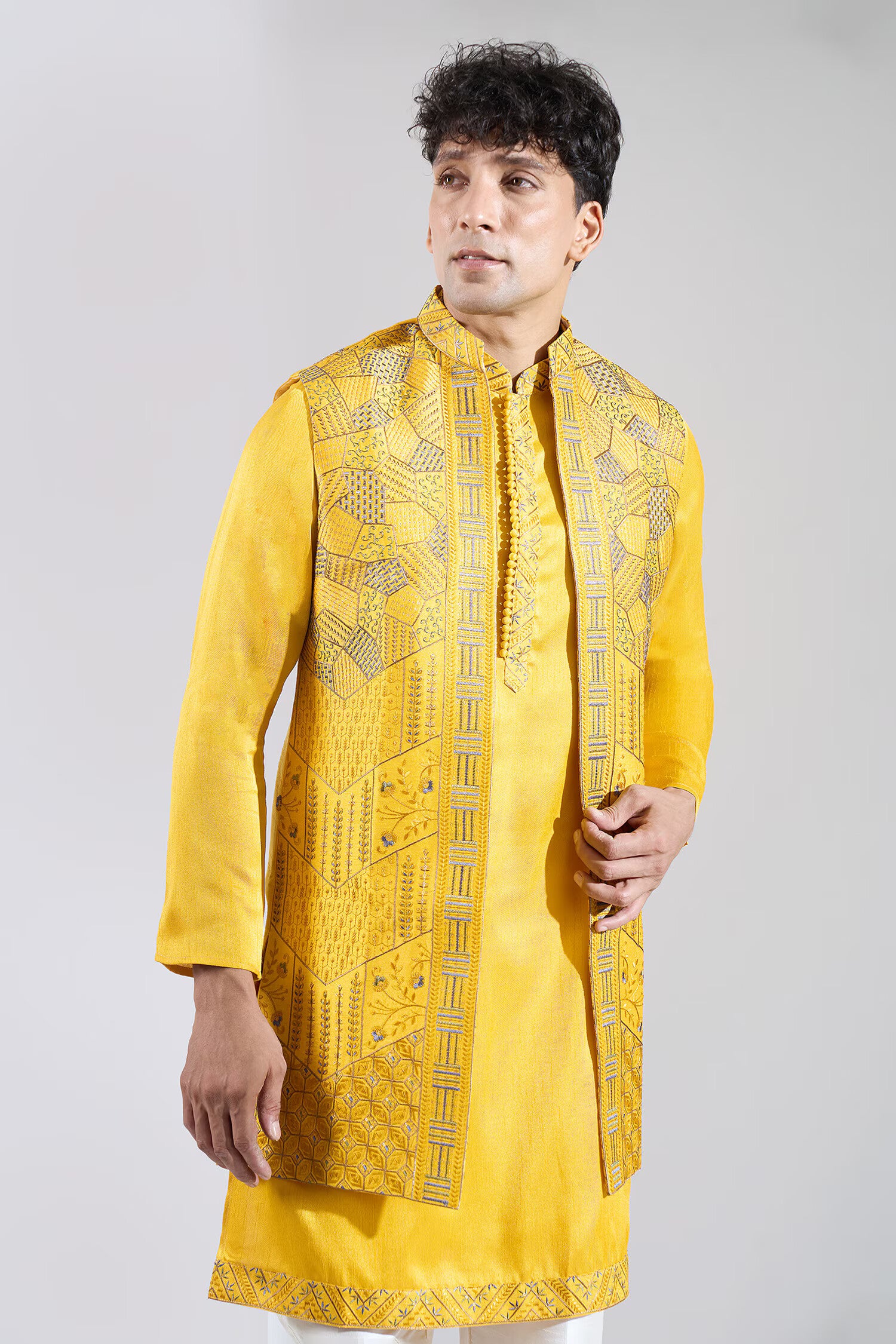 "Yellow Embroidered Kurta-Jacket Set "