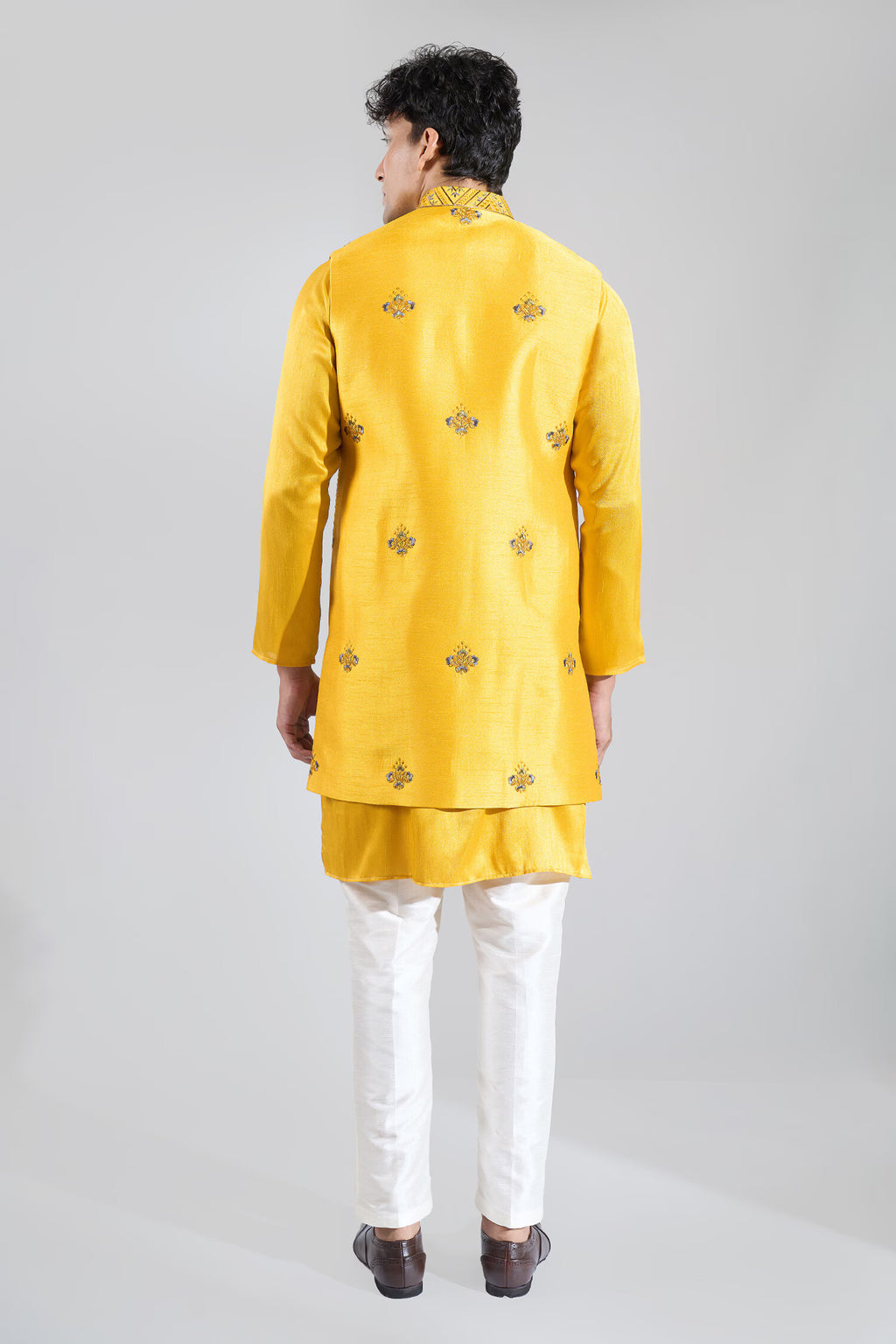 "Yellow Embroidered Kurta-Jacket Set "