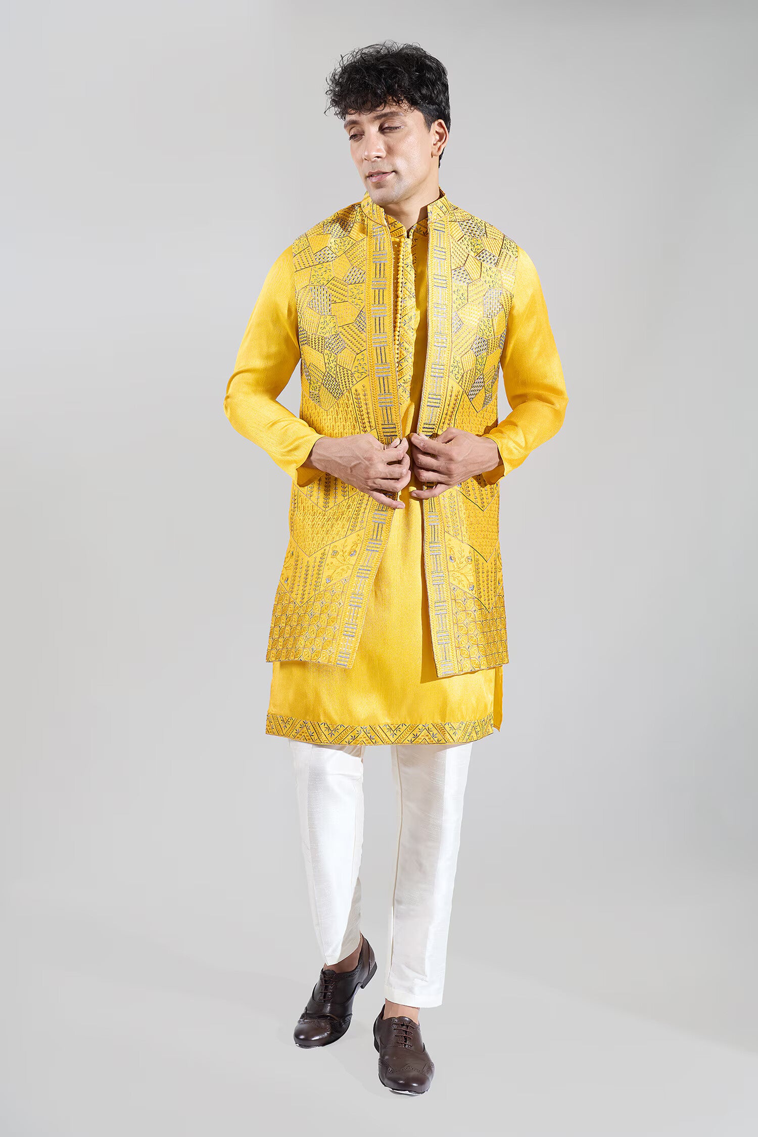 "Yellow Embroidered Kurta-Jacket Set "
