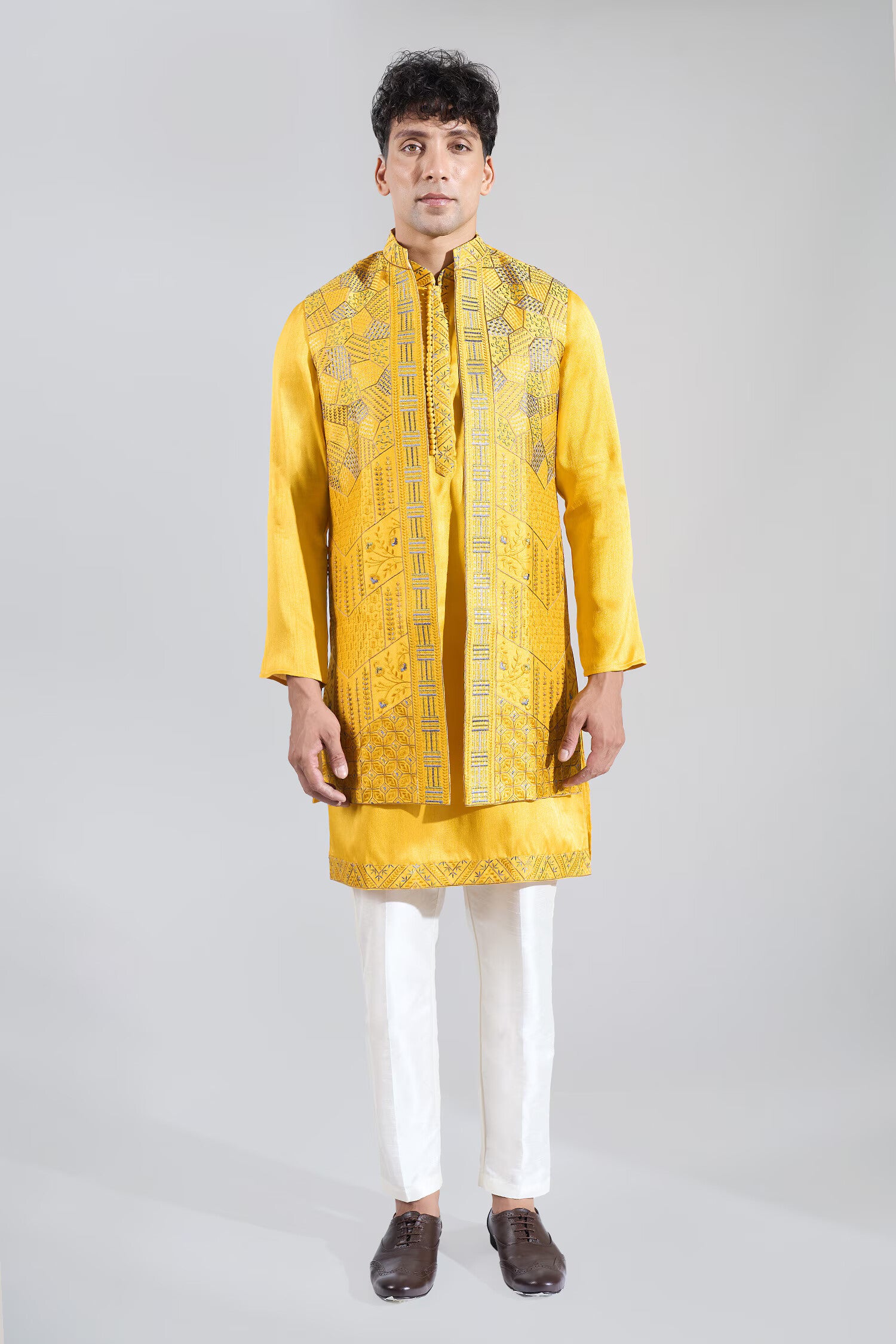"Yellow Embroidered Kurta-Jacket Set "