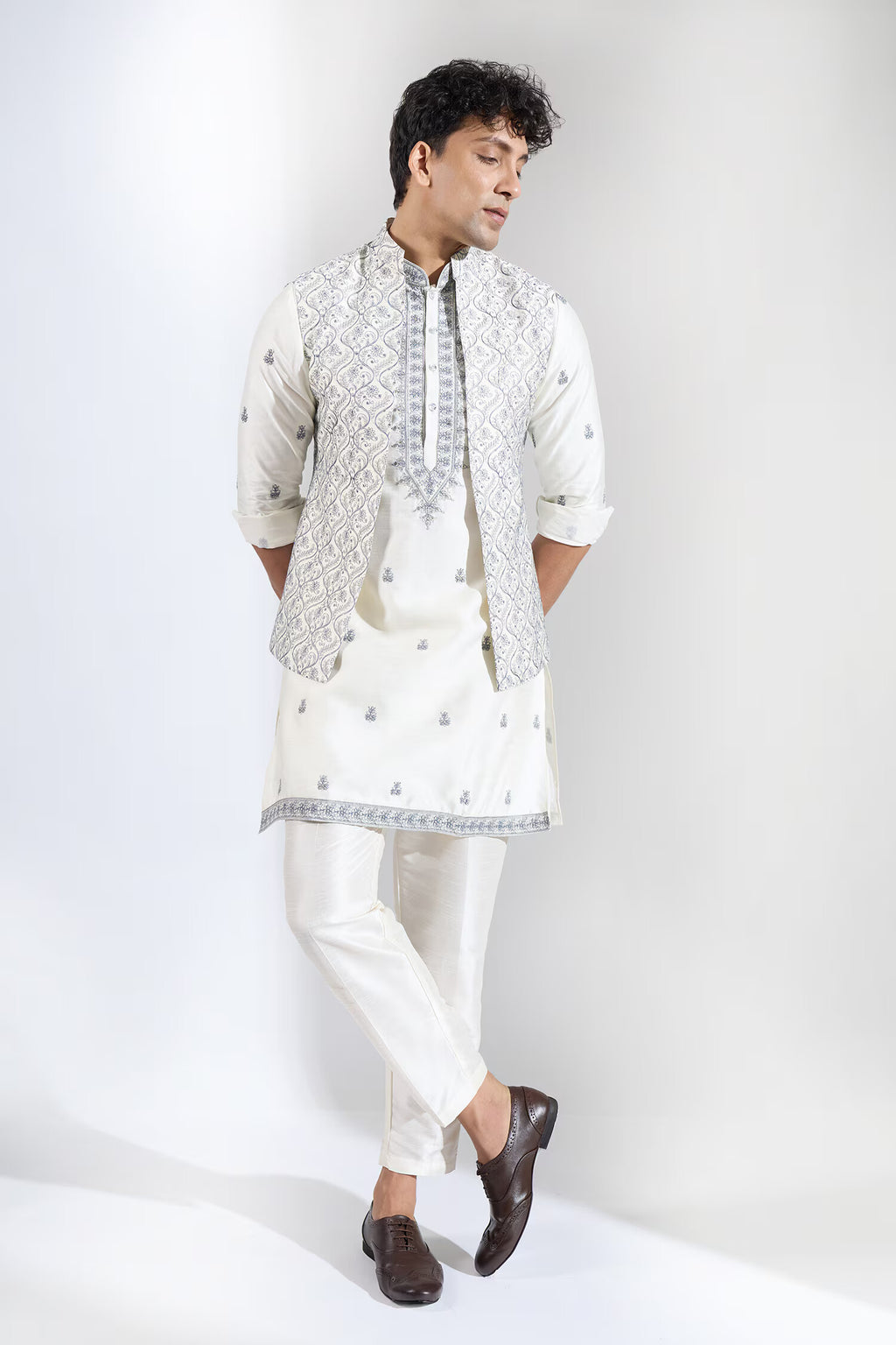 Off White Embroidered Kurta-Jacket Set