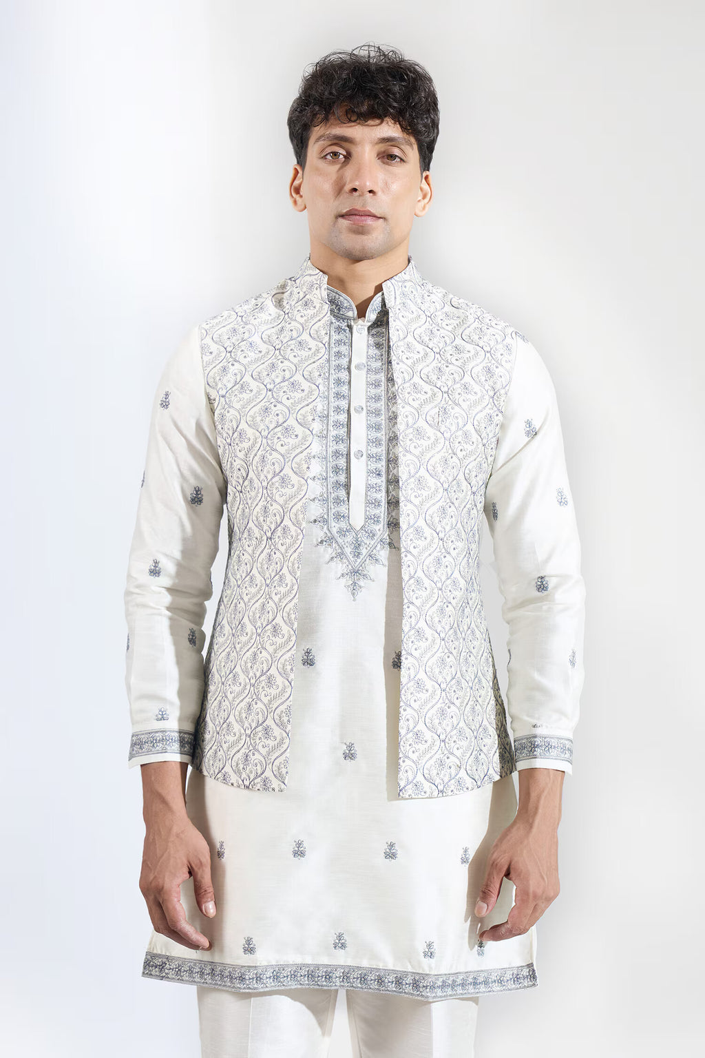 Off White Embroidered Kurta-Jacket Set
