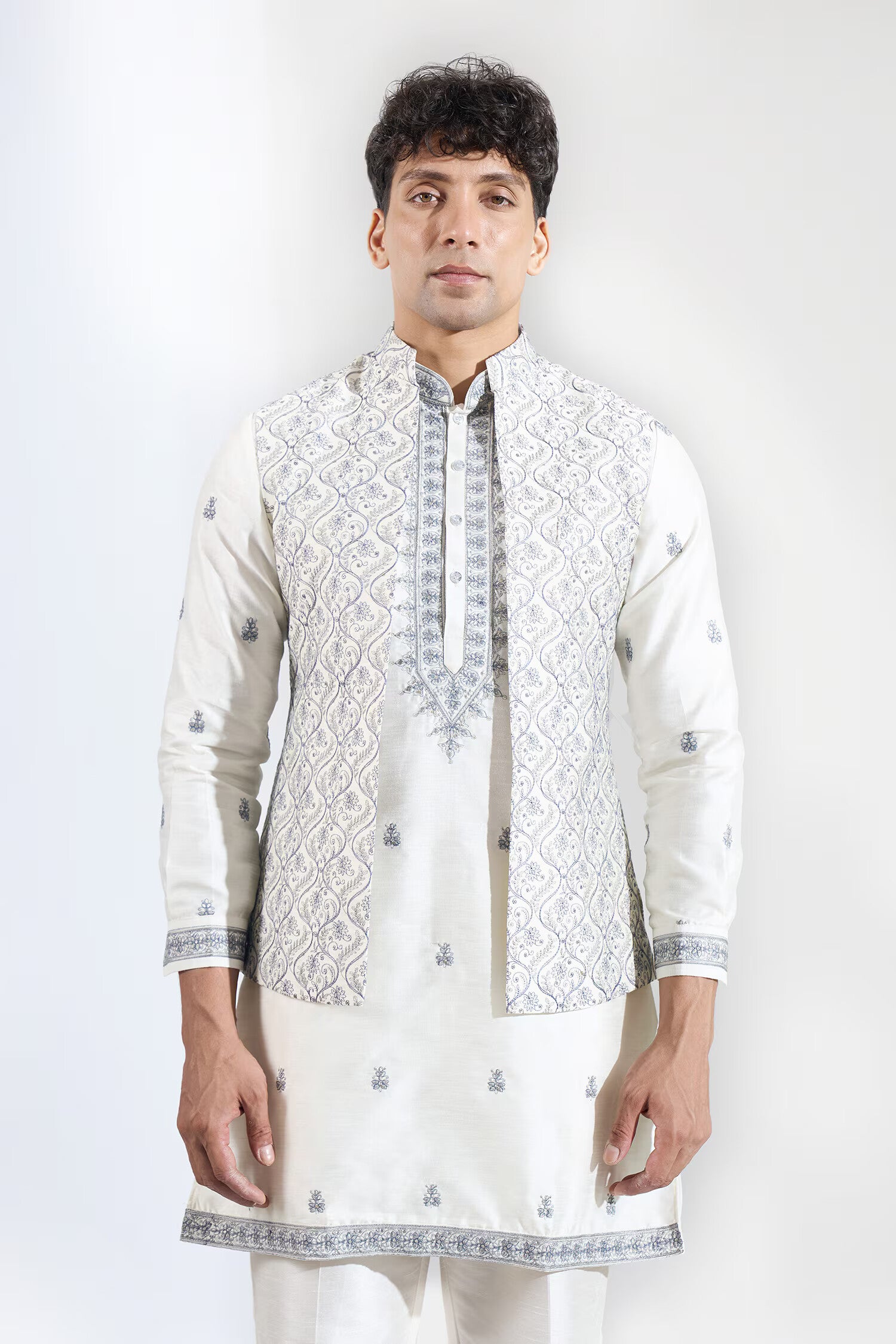 Off White Embroidered Kurta-Jacket Set