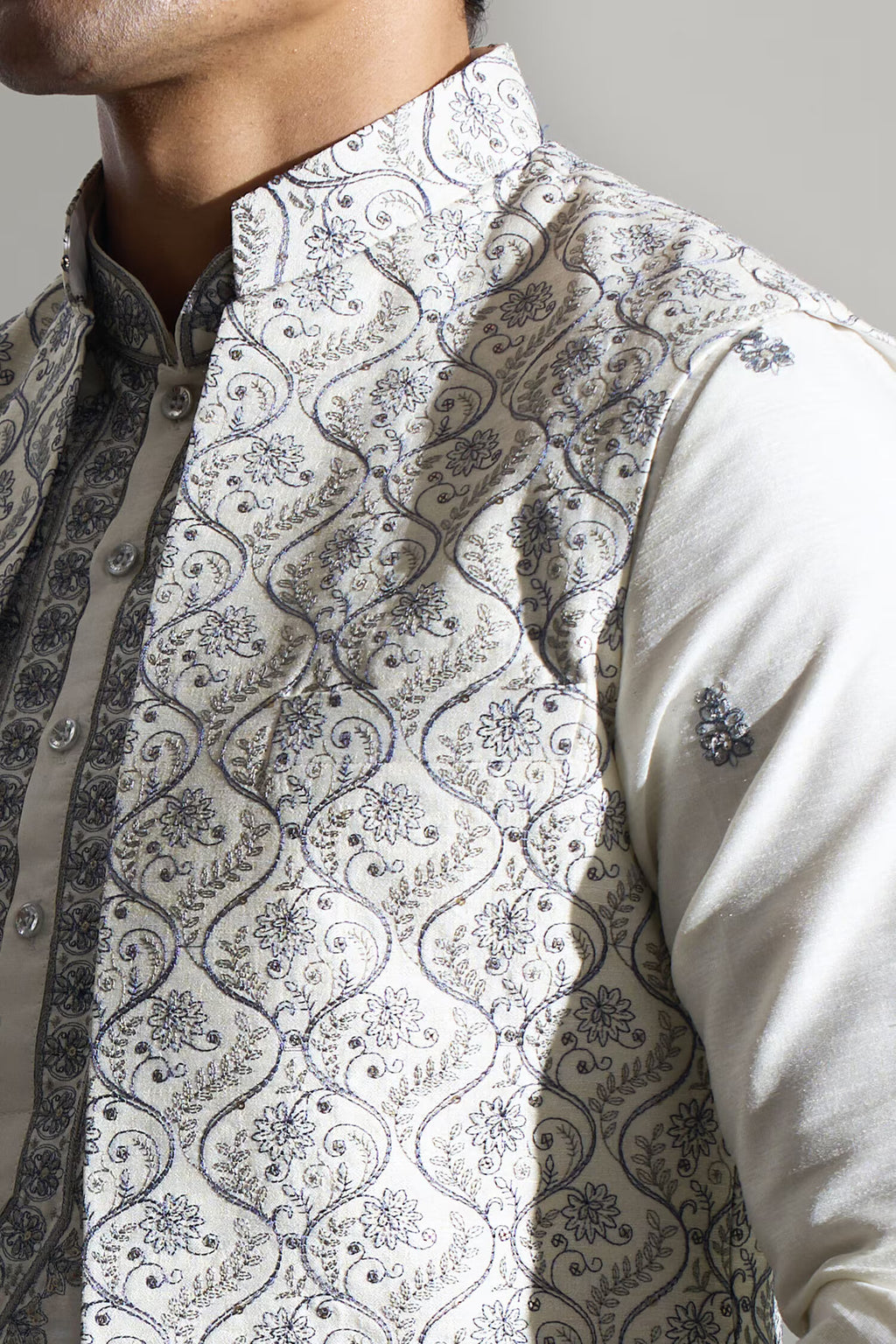 Off White Embroidered Kurta-Jacket Set