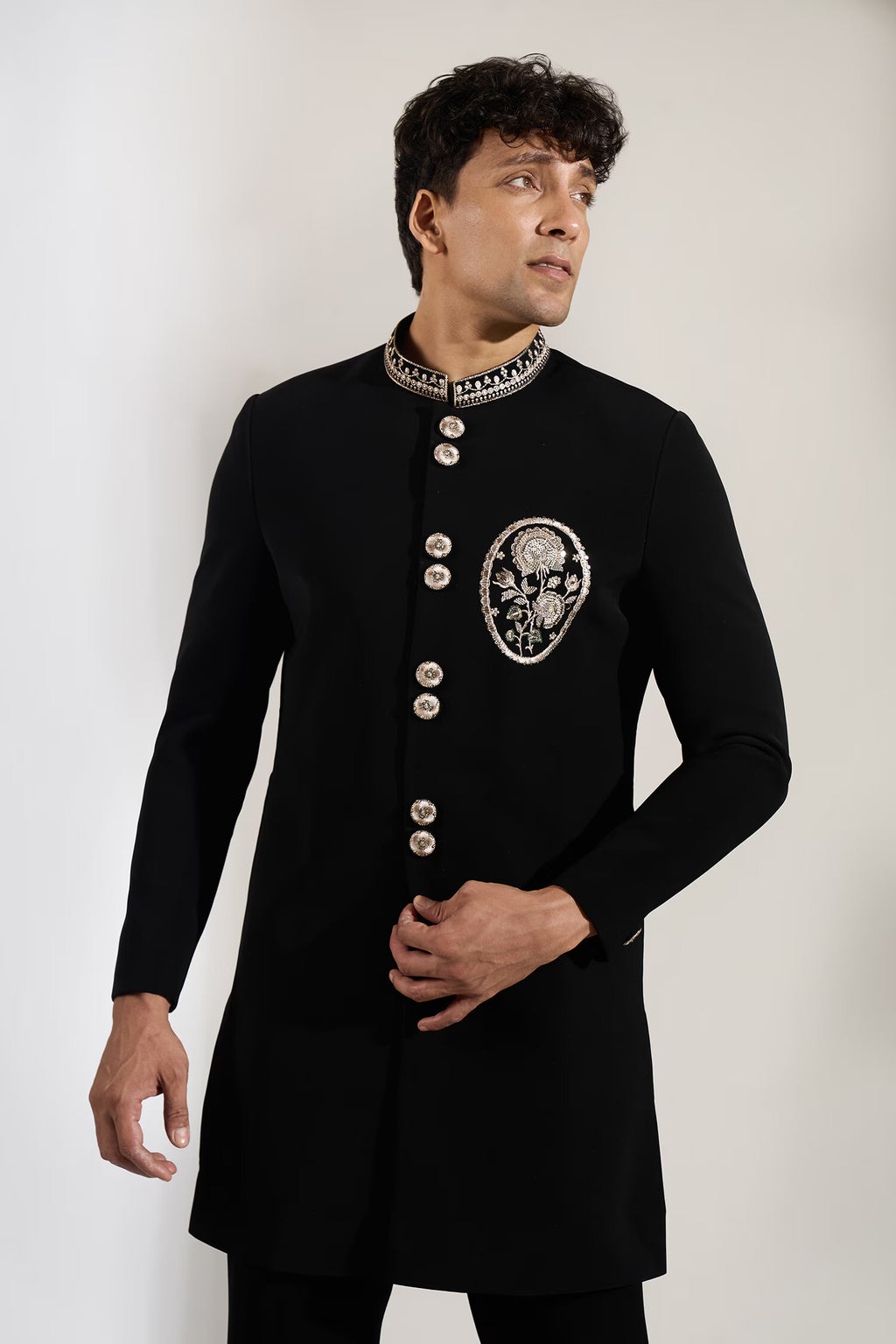 Black Embroidered Achkan