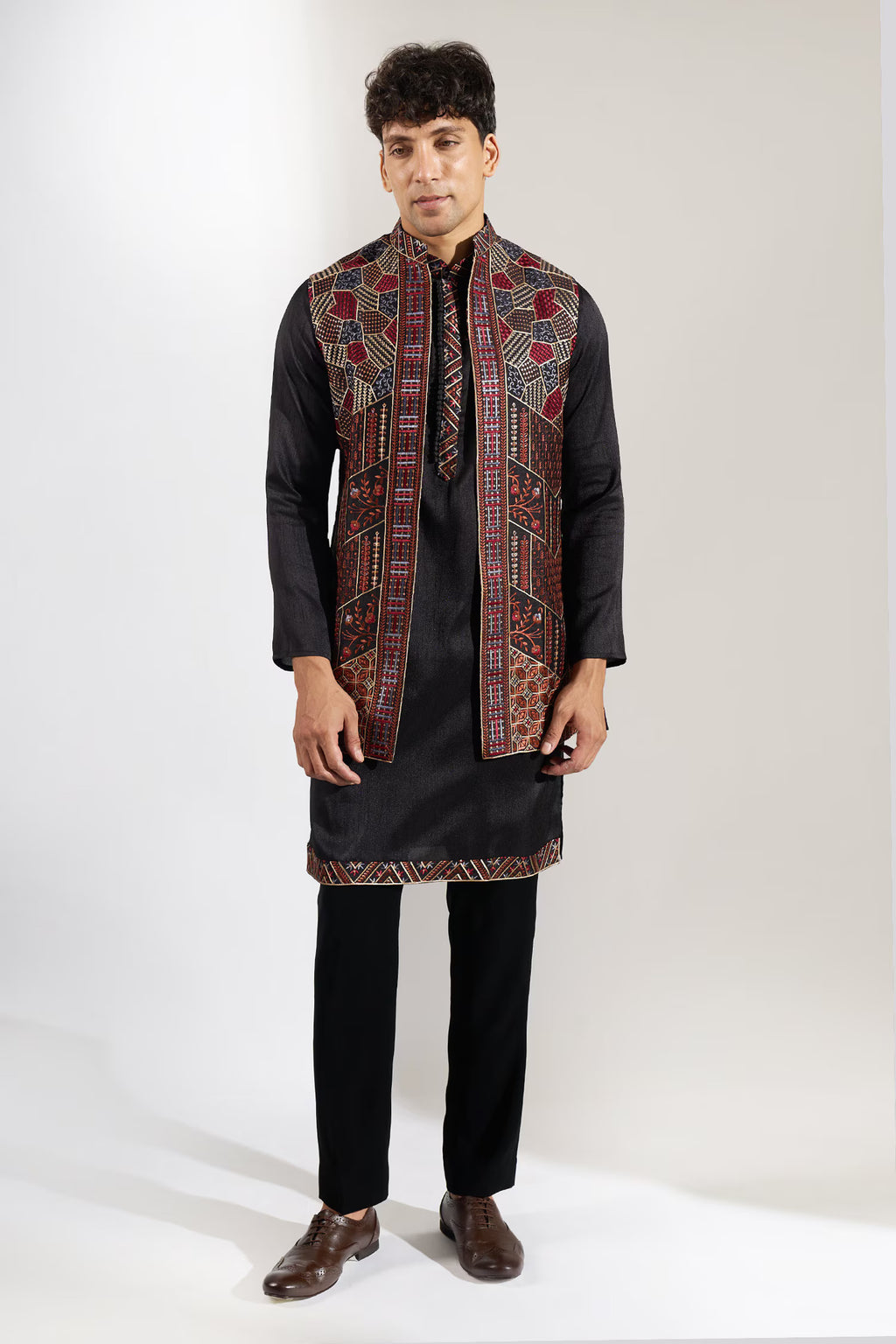 Dark Blue Embroidered Kurta-Jacket Set