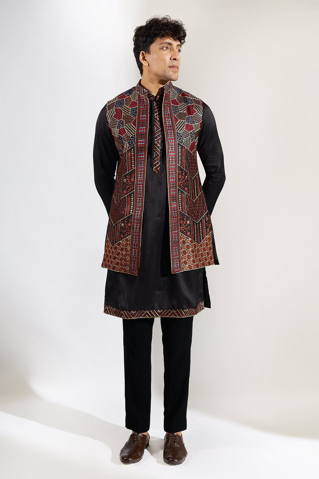 Dark Blue Embroidered Kurta-Jacket Set