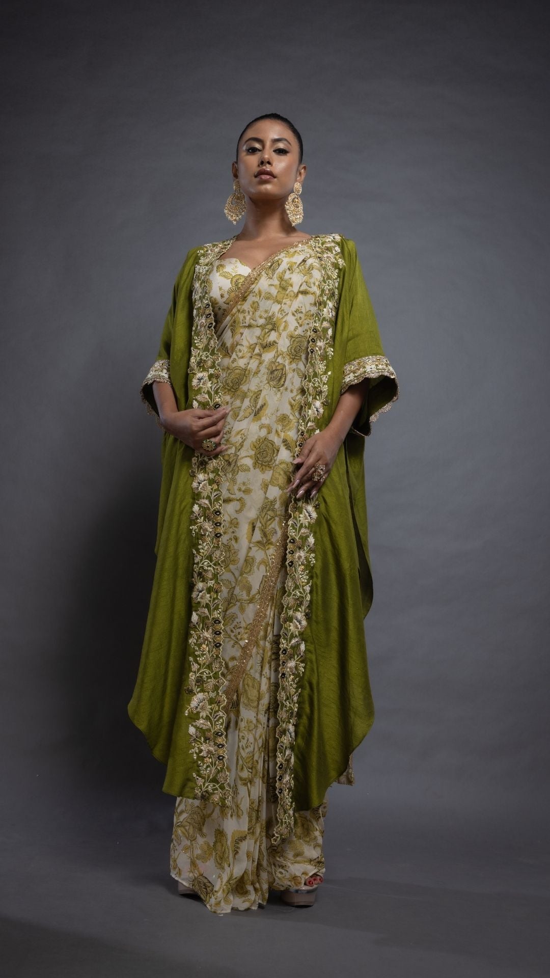 Olive Printed Saree with Printed Bustier and Cutwork Cape with Slit Sleeve