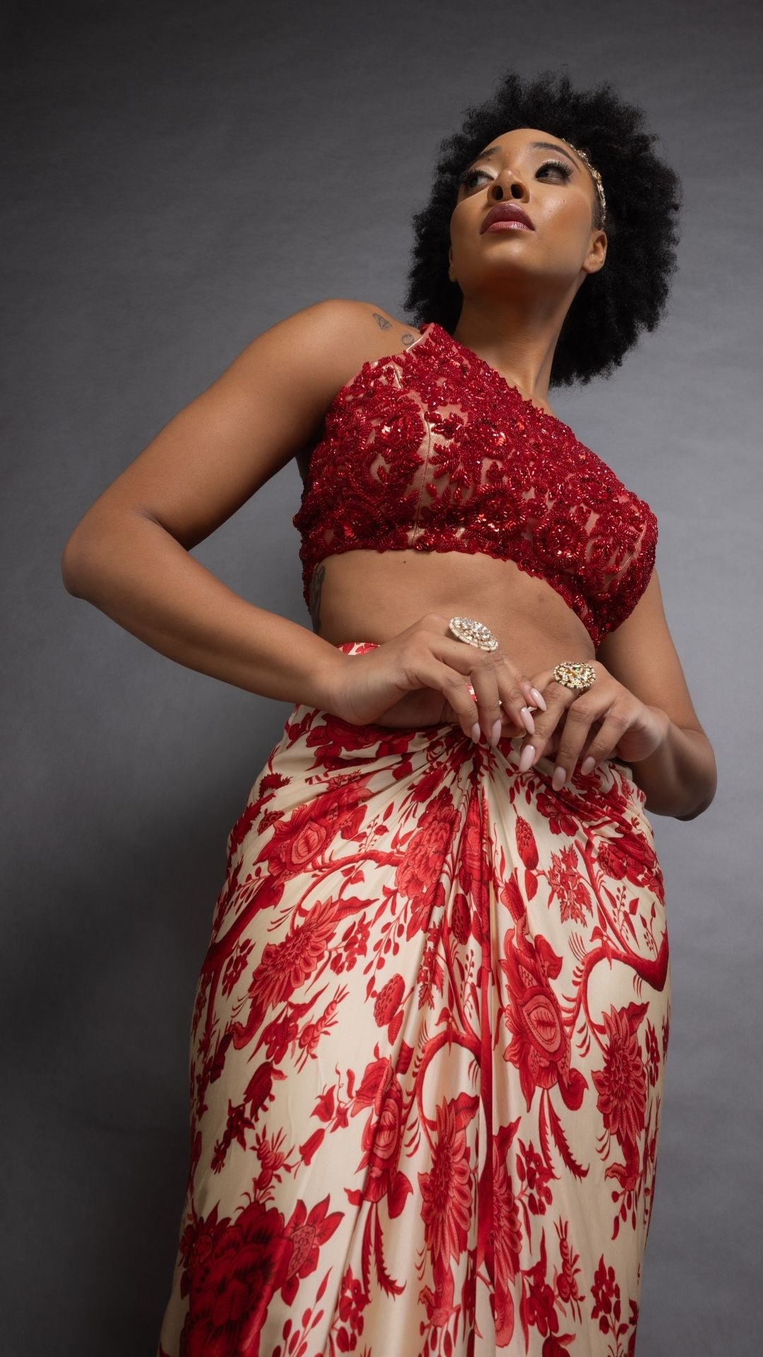 Red Hand Embroidered Halter Neck Top and Printed Drape Skirt