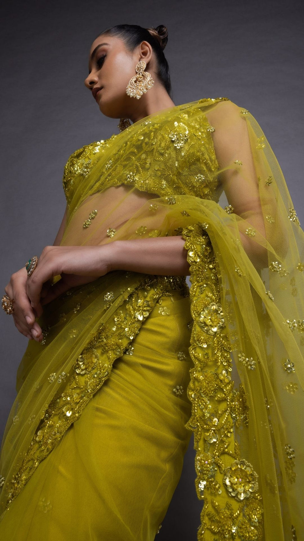 Lime Embroidered Halter Neck Blouse with Lime Embroidered Pre-Stitched Saree